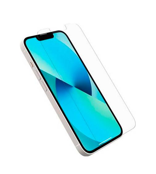 Ein Smartphone mit blauem abstraktem Hintergrund und einer angebrachten transparenten Displayschutzfolie.