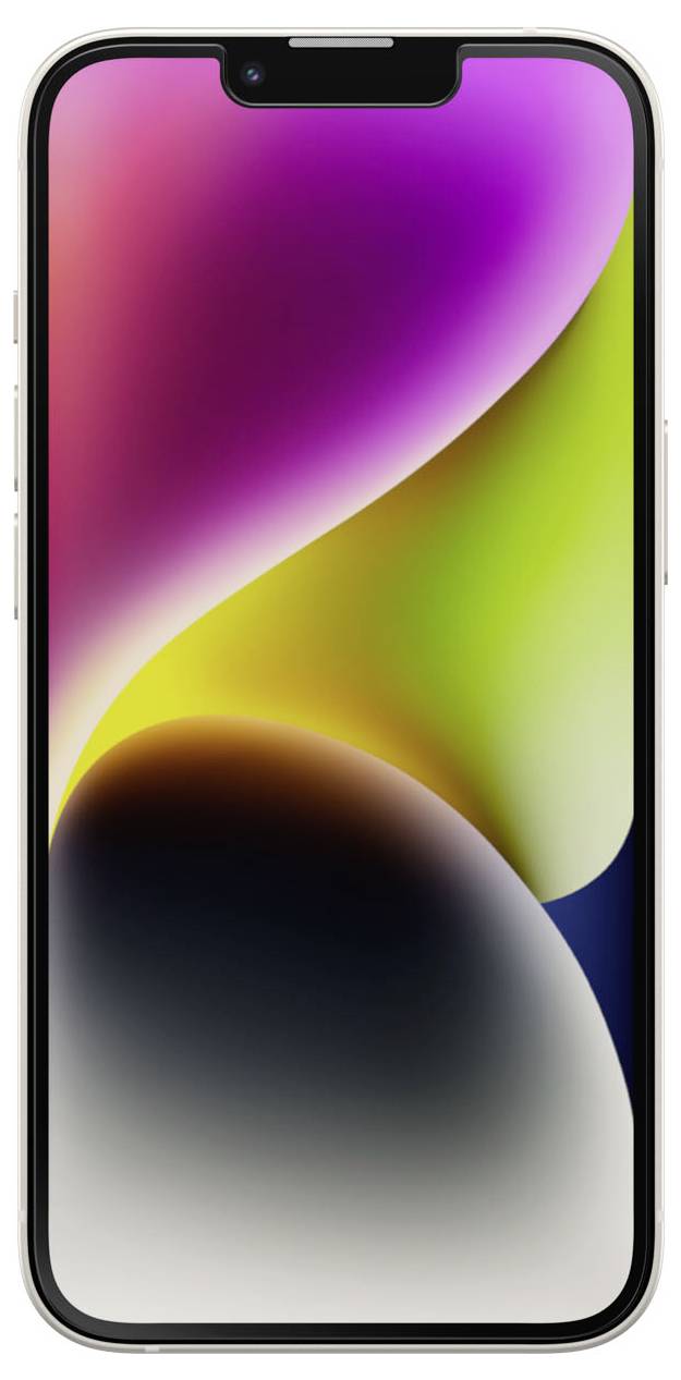 Vorderansicht eines iPhones mit einem farbenfrohen abstrakten Hintergrund in Rosa, Lila, Grün, Gelb und Schwarz.
