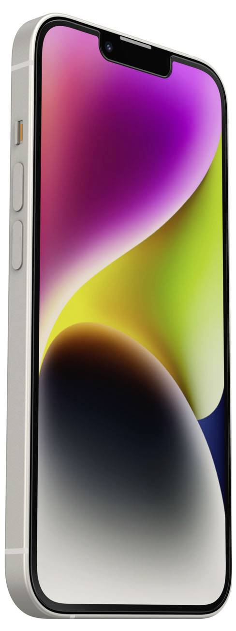 Frontansicht eines Smartphones mit Notch-Display, das eine bunte abstrakte Gradient-Hintergrundbild zeigt, in einer silbernen Schutzhülle.