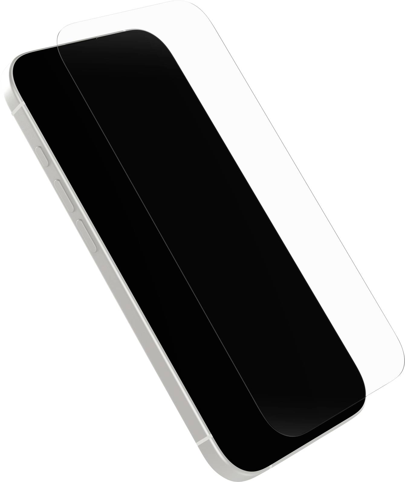 „Smartphone mit transparenter Displayschutzfolie schwebend darüber, angewinkelt, um die Seitenknöpfe zu zeigen. Schwarzer Bildschirm, hellgraue Ränder.