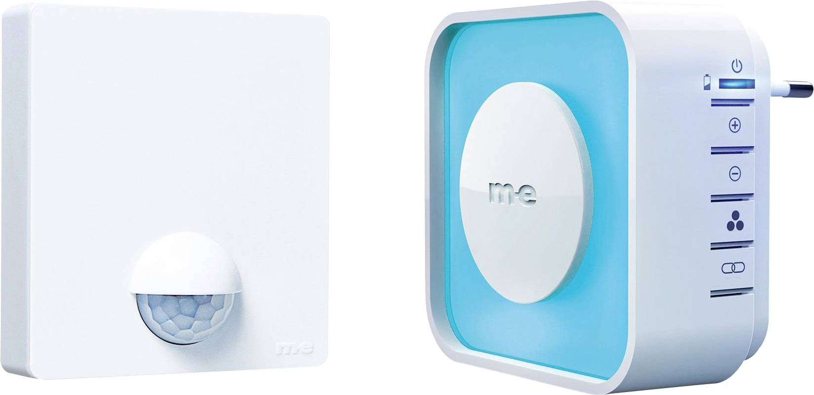 Zwei weiße Smart-Home-Geräte mit dem Wort 