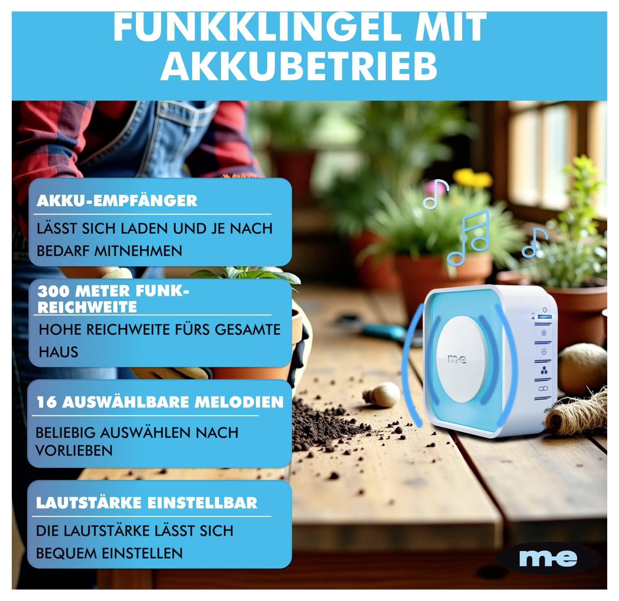 Akkubetriebene Funkklingel auf einem Tisch. Textboxen beschreiben Akkubetrieb, 300 Meter Reichweite, 16 Melodien, einstellbare Lautstärke.