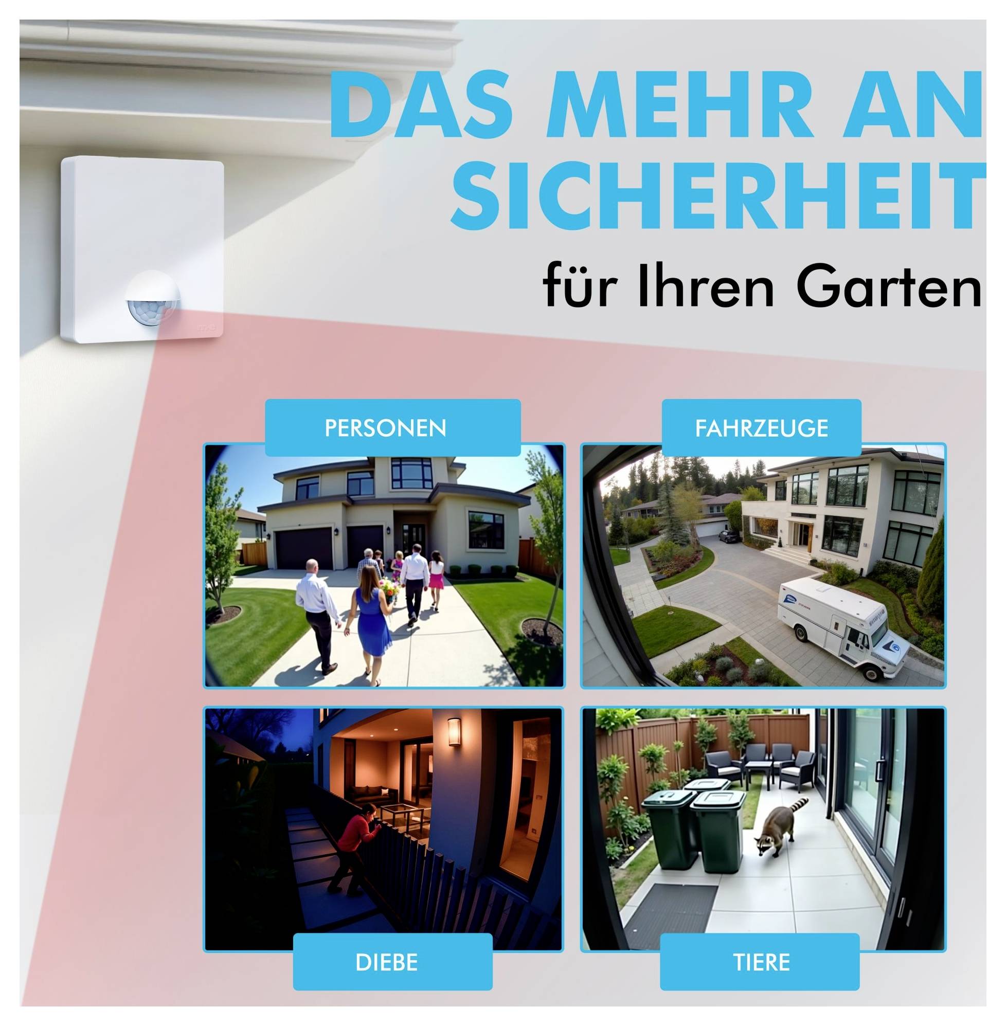 Das Mehr an Sicherheit für Ihren Garten über Fotos: Personen vor Haus, Fahrzeug im Hof, Einbrecher, Tier bei Mülltonnen.