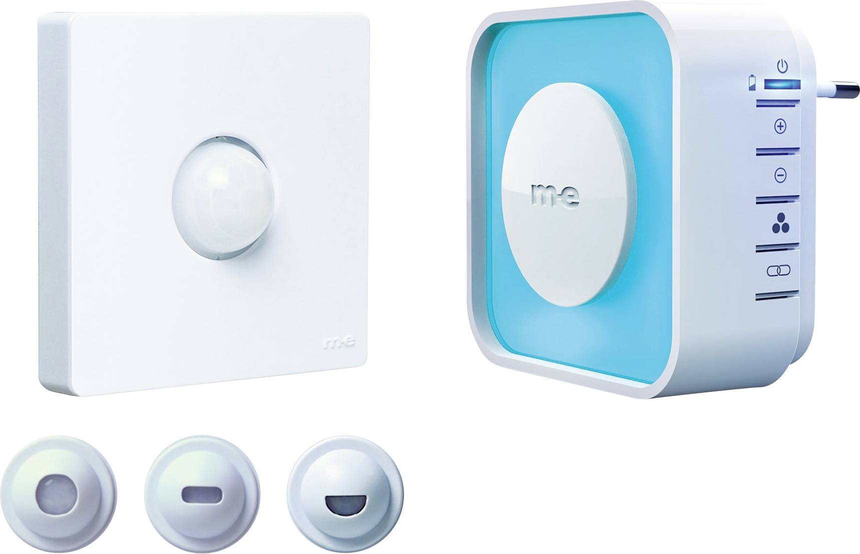 Ein Bewegungssensorschalter und ein Smart-Home-Hub mit LED-Anzeigen an der Seite. Enthält drei abnehmbare Knopfdesigns zur Individualisierung.