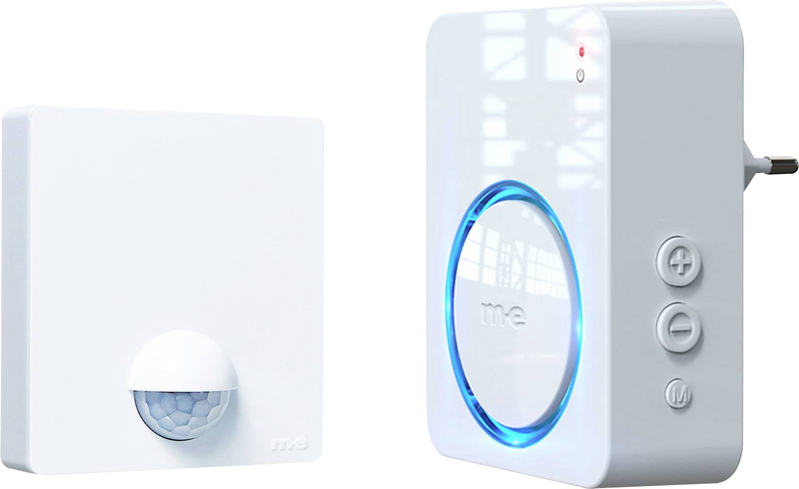 Links: Weißer Bewegungssensor mit Kuppel. Rechts: Steckdosen-Klingeleinheit mit blauem LED-Ring und Tasten für Lautstärkeregelung und Einstellungen.