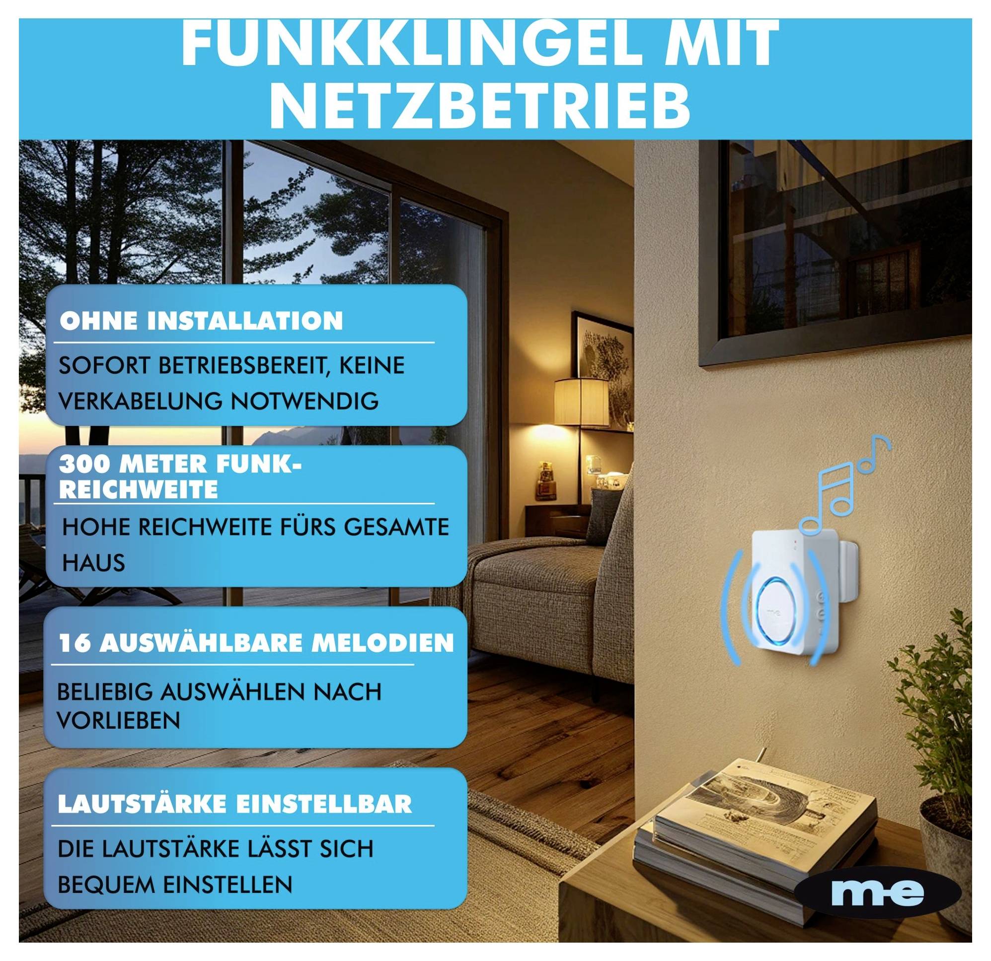 Eine kabellose Türklingel mit Netzwerkbetrieb, hervorgehoben in einer Wohnzimmerumgebung. Zu den Merkmalen gehören keine Installation, eine Reichweite von 300 m, 16 Melodien und einstellbare Lautstärke.