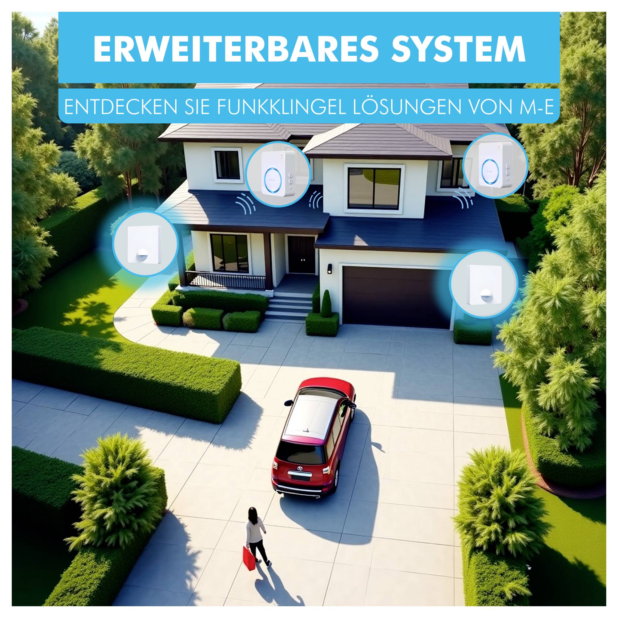 Zweistöckiges Haus mit Auffahrt; Person nähert sich der Haustür. Text: 'Erweiterbares System - Entdecken Sie Funkklingel Lösungen von M-E'. Hervorgehobene Türklingel-Optionen.