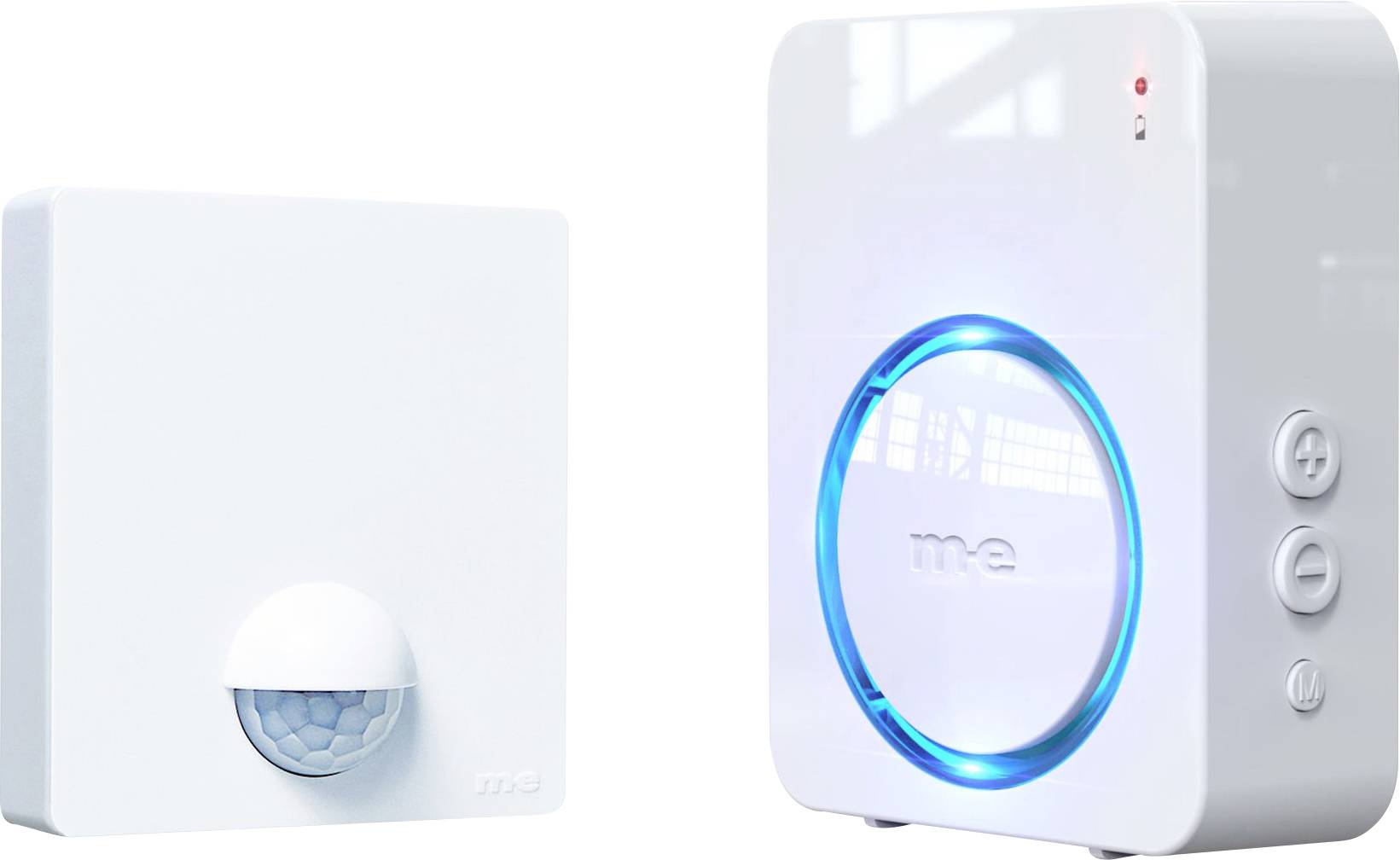 Zwei weiße elektronische Geräte: ein Bewegungssensor mit einer Kuppel, eine Alarmanlage mit blauem Licht und Tasten, die ein Hausschutzsystem andeuten.