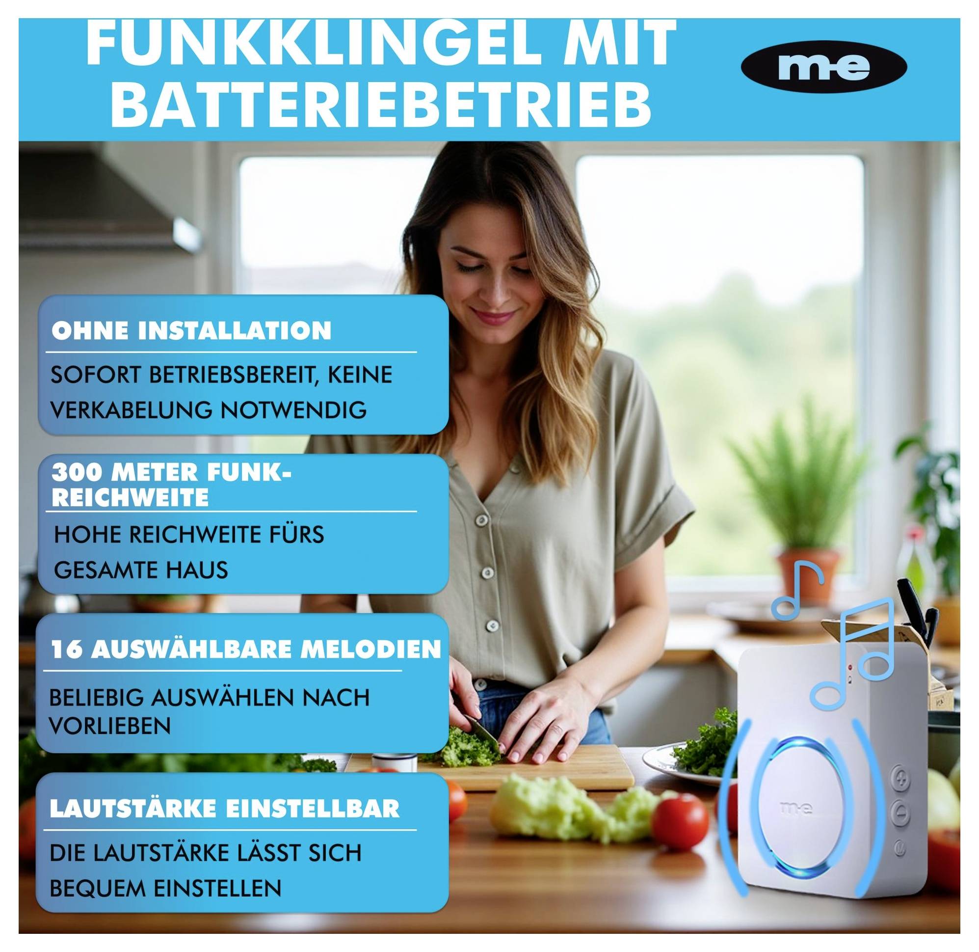 Eine Frau schneidet Gurken in einer Küche. Texthervorhebungen: Batteriebetriebene kabellose Türklingel, 300m Reichweite, 16 Melodien, einstellbare Lautstärke.