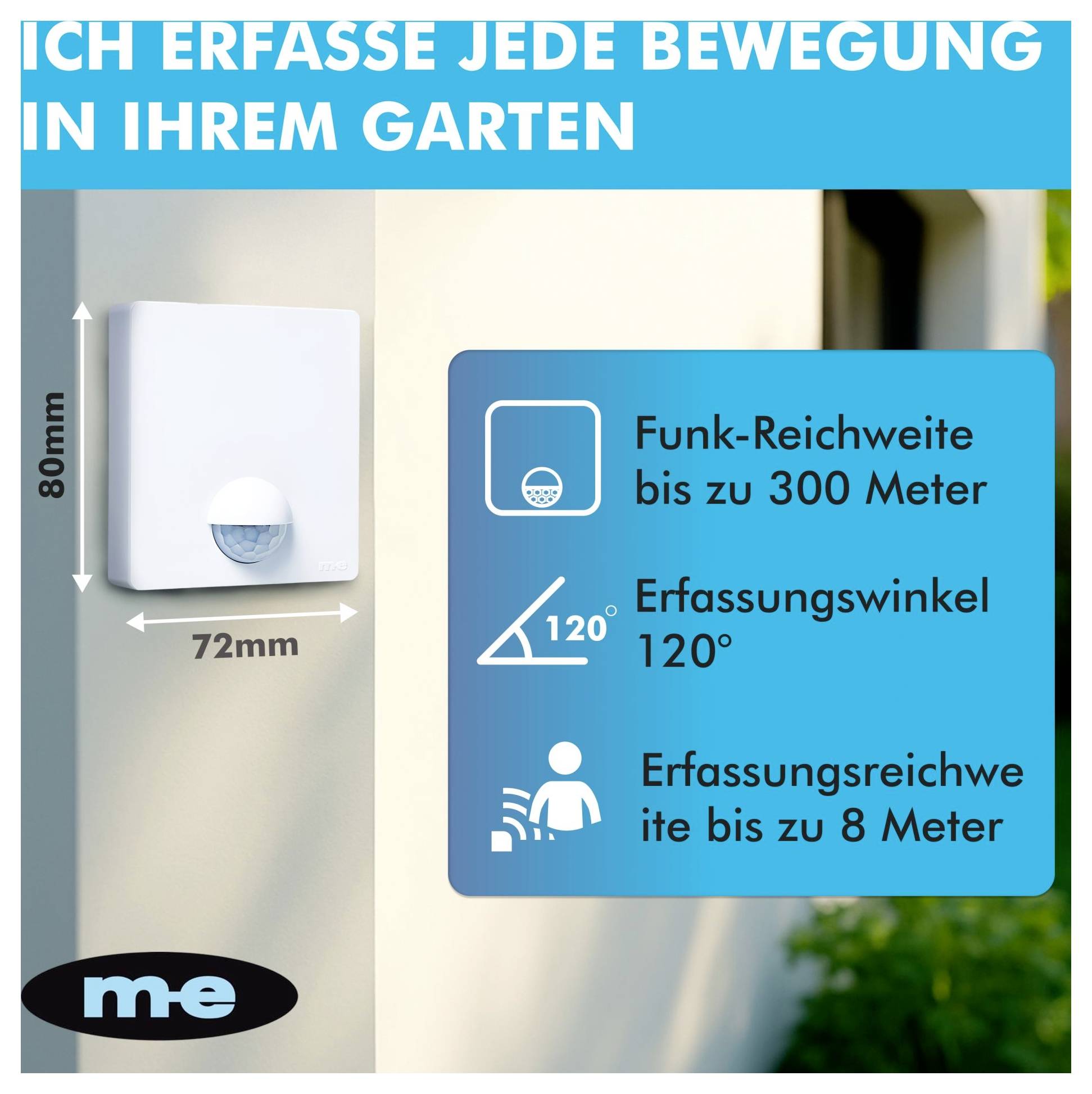 Bewegungssensor mit 120° Erfassungswinkel und Reichweite bis zu 8 Metern, Funk-Reichweite bis zu 300 Metern, Maße 80 mm x 72 mm.