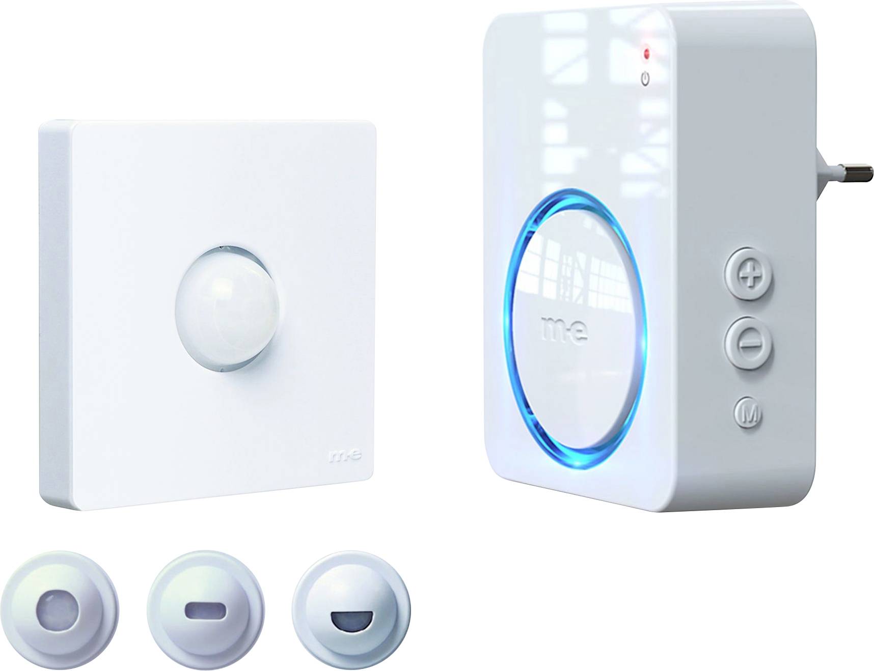Ein Bewegungssensor und eine Stecker-Klingel mit einem blau beleuchteten Ring, versehen mit Bedienungstasten an der Seite, sowie drei auswechselbare Abdeckungen.
