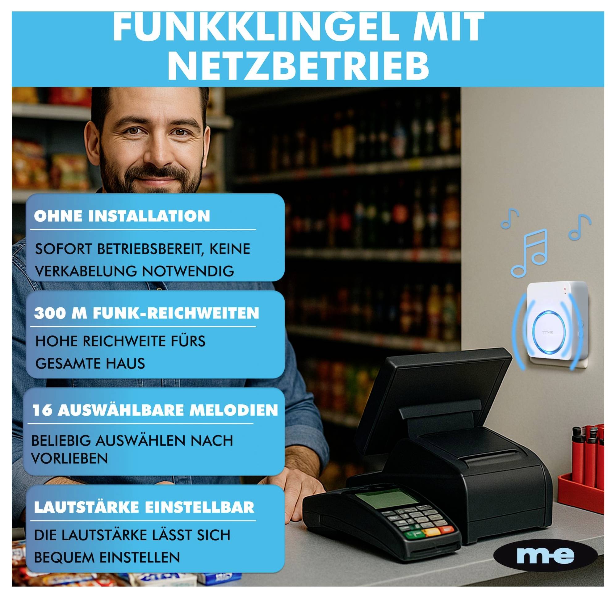 Ein Mann lächelt hinter einem Tresen neben einer Registrierkasse. Der Text bewirbt ein drahtloses elektrisches Türklingel-Set: ‚Keine Installation erforderlich, 300m Reichweite, 16 Melodien, lautstärkeverstellbar.'