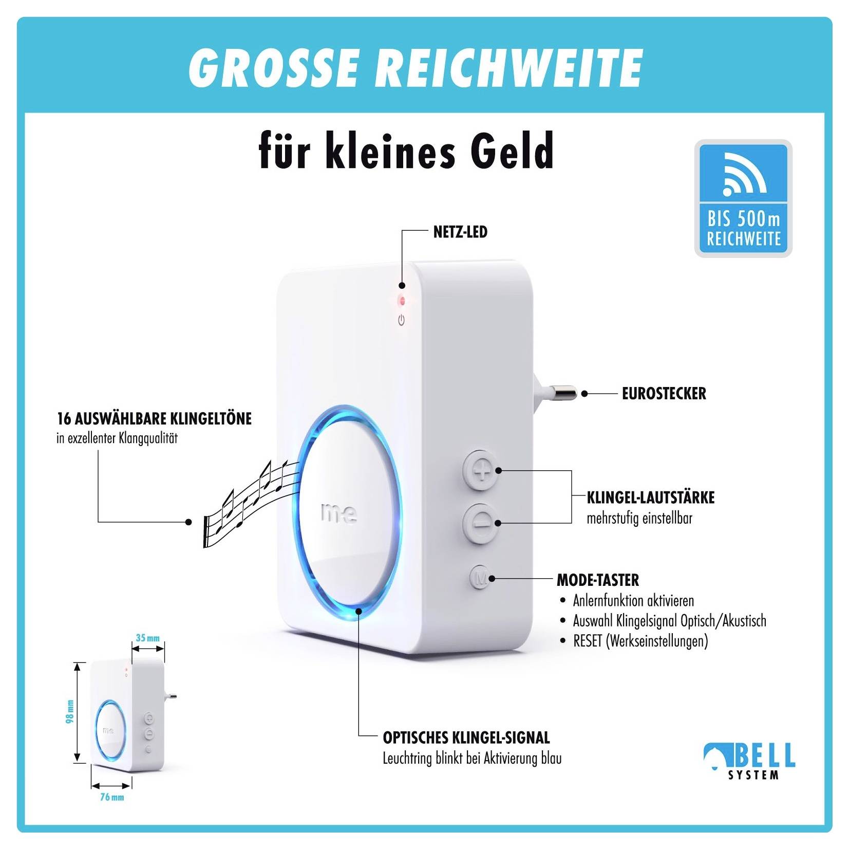 Drahtlose Türklingel mit großer Reichweite und günstigem Preis. Funktionen umfassen mehrere Klingeltöne, einstellbare Lautstärke, optische und akustische Signale.