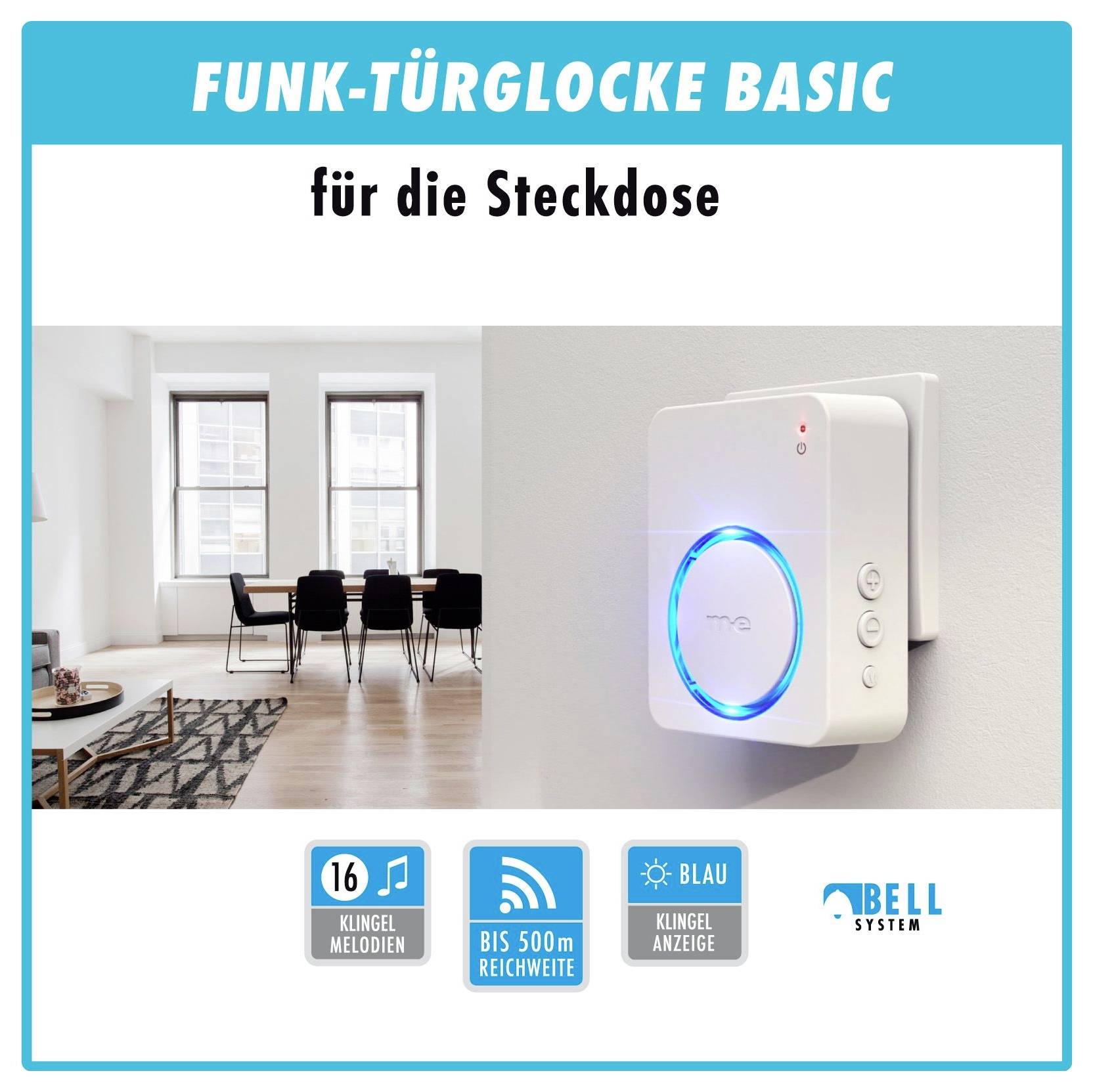 Eine Türklingel mit Stecker, die in einem modernen Wohnzimmer platziert ist, mit blauer LED-Beleuchtung, ausgestattet mit 16 Klingelmeledien und einer Reichweite von 500m.