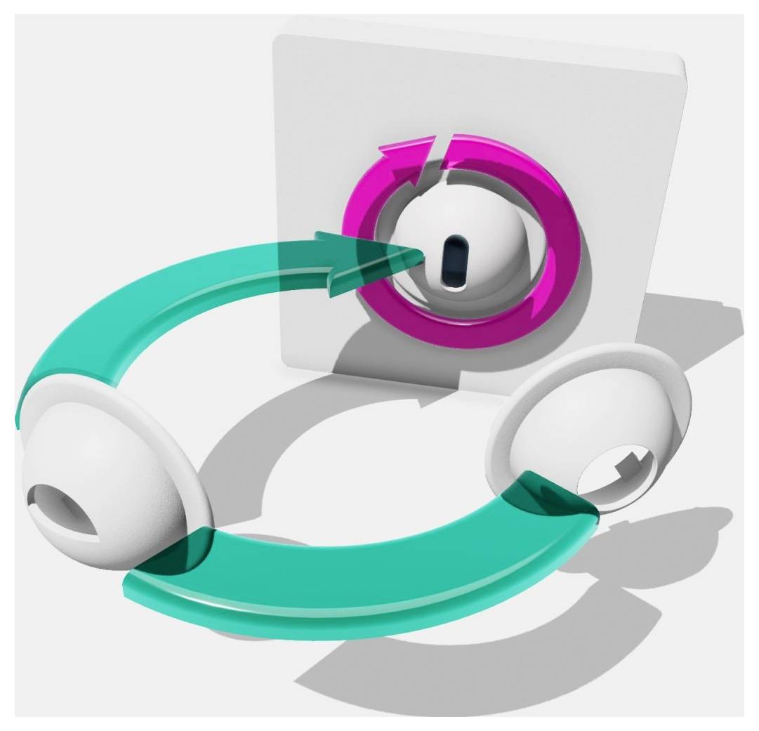 Ein 3D-Modell, das den Mechanismus eines Drehschlosses veranschaulicht: eine rosa und grüne Doppelpfeil-Anordnung, die die Richtungen zum Ver- und Entriegeln zeigt.