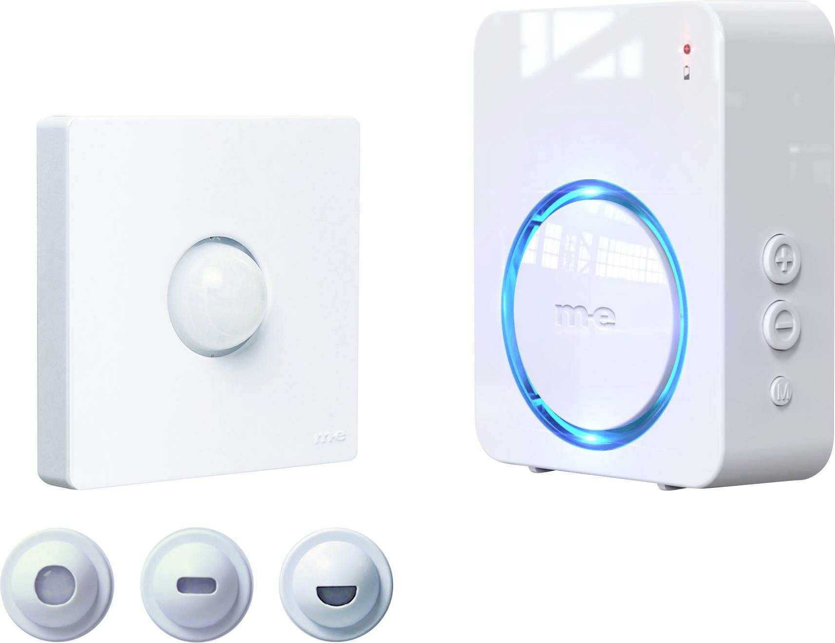 Ein Smart-Home-Sicherheitssystem mit einem Bewegungssensorfeld und einem Gerät mit einem leuchtend blauen Ring und Tasten.