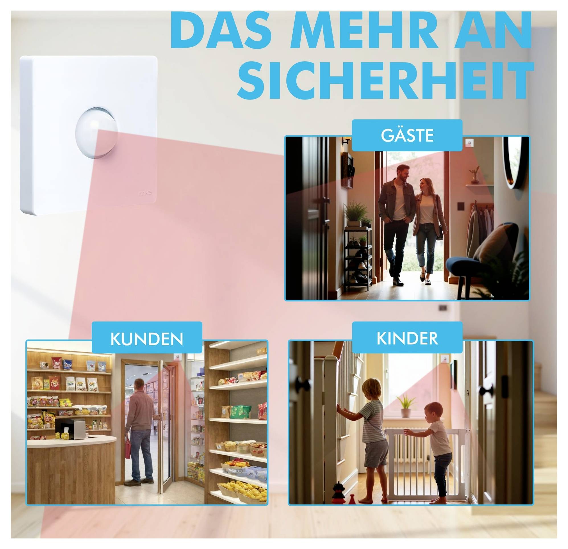 Ein Bewegungssensorlicht mit blauem Text „DAS MEHR AN SICHERHEIT