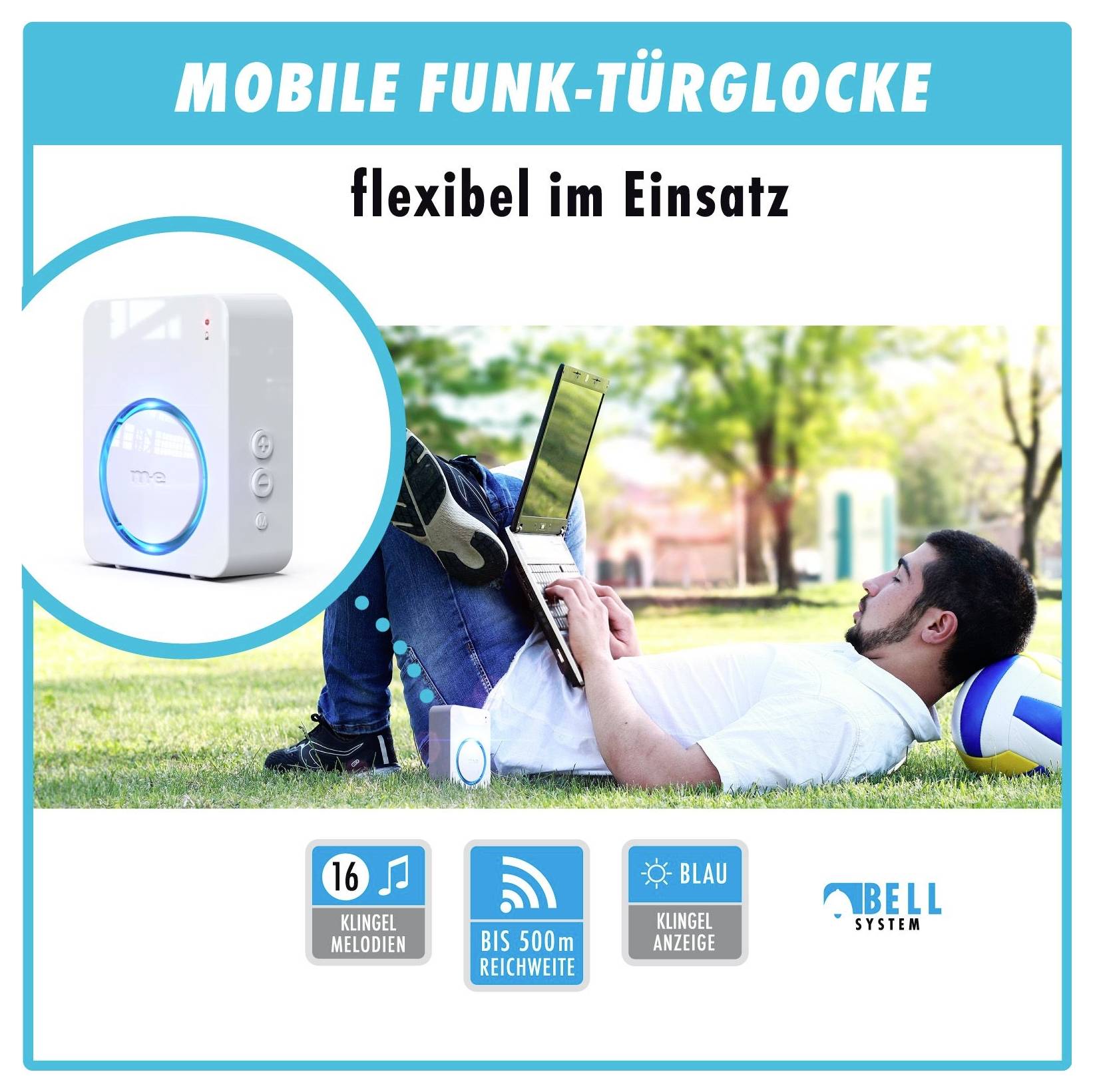 Ein Mann entspannt sich auf Gras mit einem Laptop neben einer drahtlosen Türklingel. Text: 'MOBILE FUNK-TÜRKLINGEL, flexibel im Einsatz.'