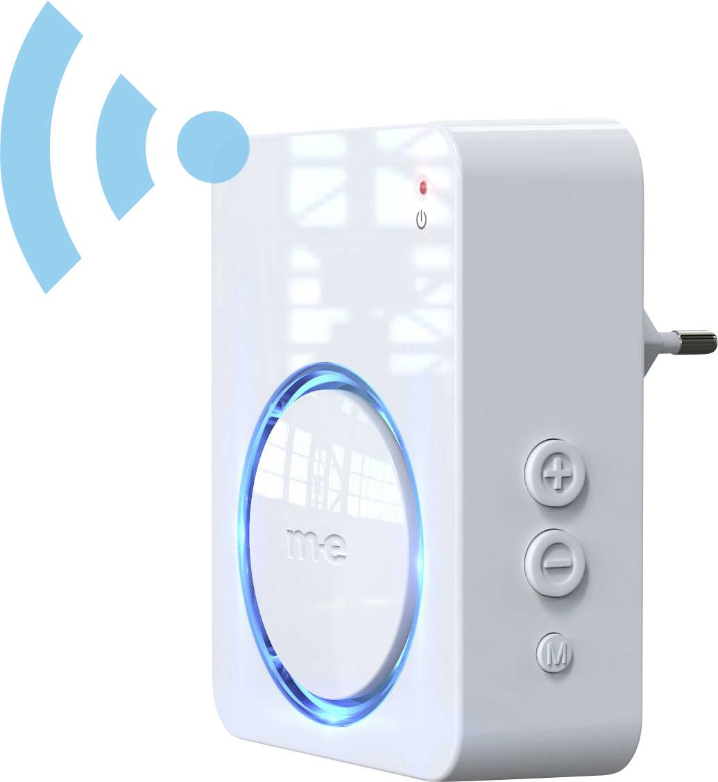 Weißes elektronisches Gerät mit 'me'-Logo, blau beleuchtetem Ring und seitlichen Tasten. Ein blaues drahtloses Signalsymbol strahlt davon aus und zeigt Konnektivität an.