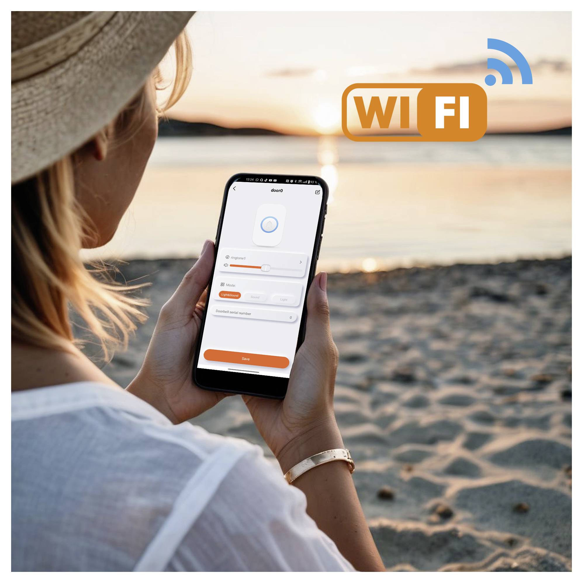 Eine Person nutzt eine Smartphone-App, um eine WLAN-Verbindung am Strand während des Sonnenuntergangs zu verwalten. Es gibt ein WLAN-Symbol und ein ‚WI FI'-Schild.