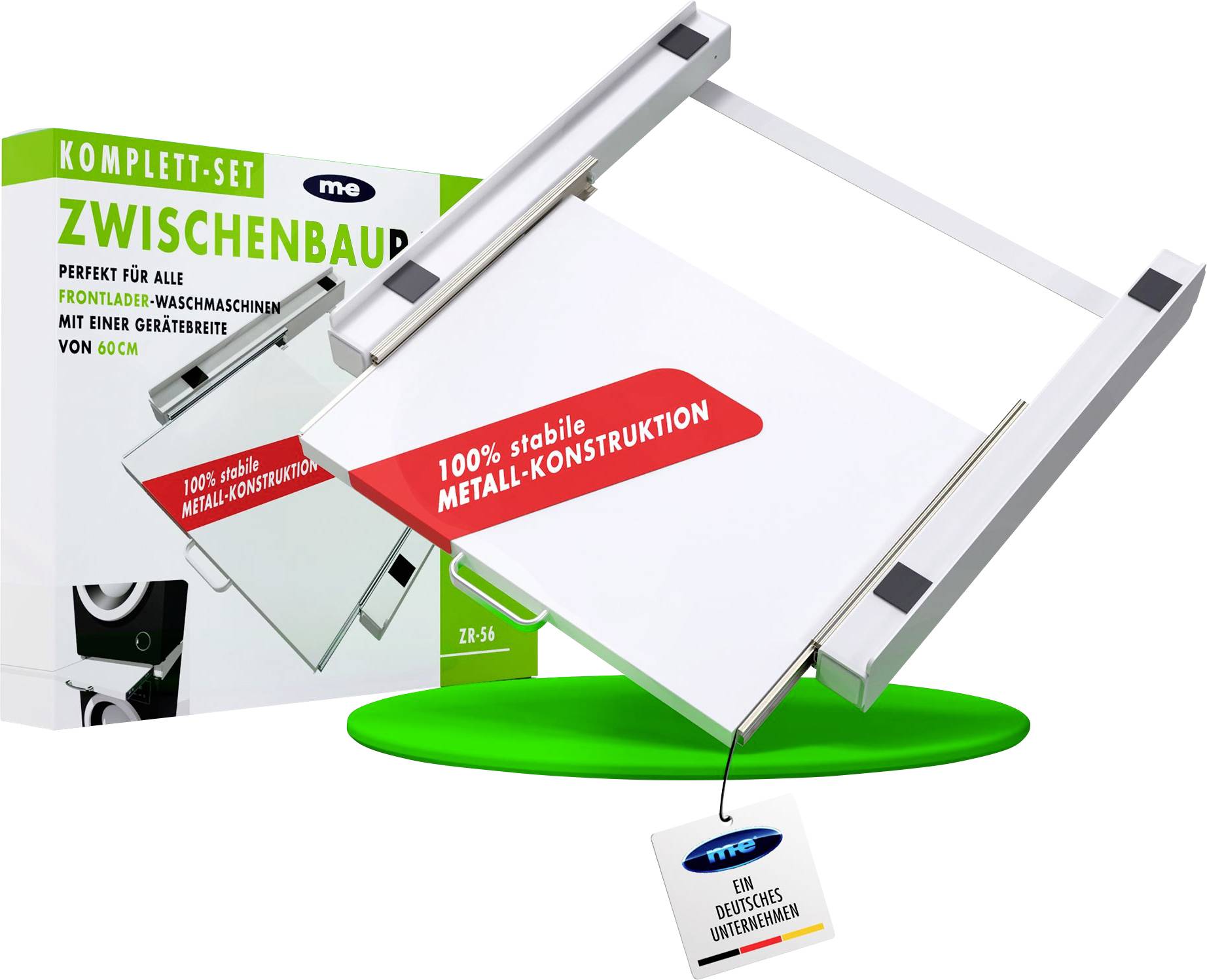 Eine Waschmaschinenverbindungsvorrichtung wird gezeigt mit einem Etikett, das '100% stabile Metall-Konstruktion' trägt und damit eine stabile Metallkonstruktion anzeigt.