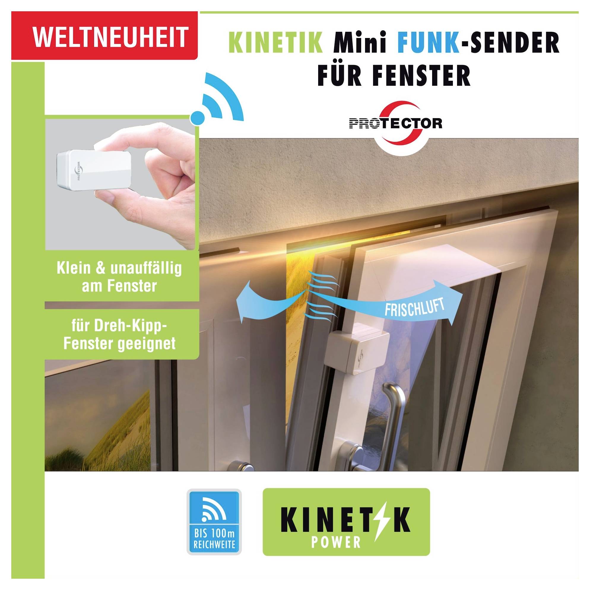 'Kinetik Mini Funk-Sender für Fenster' mit Darstellung des Geräts an einem Fenster, geeignet für Kippfenster. Mit 100m Reichweite.