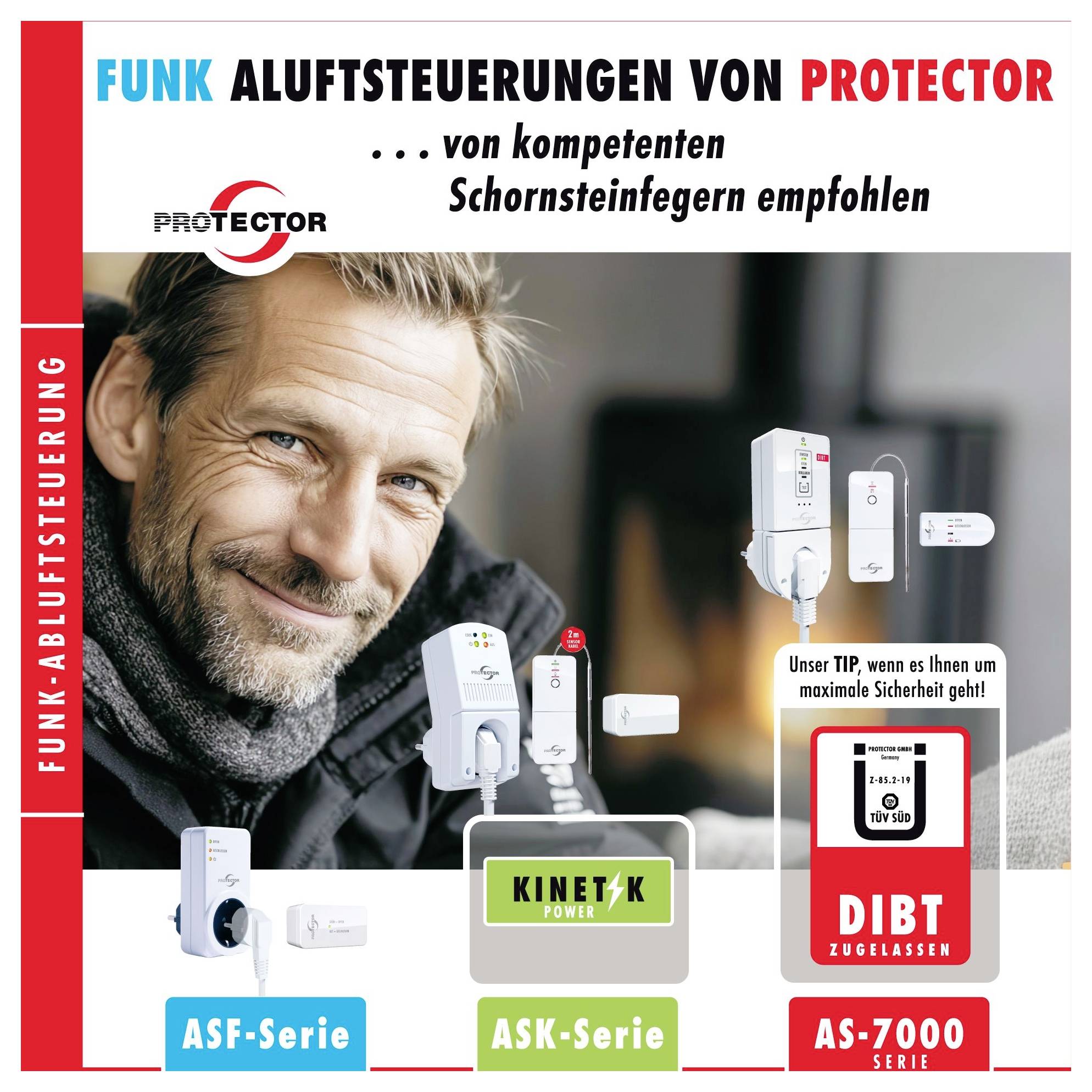 Das Bild bewirbt 'Funk Abluftsteuerungen von Protector' mit verschiedenen Steuergeräten und einer lächelnden Person. Enthält Serientypen: ASF, ASK, AS-7000.