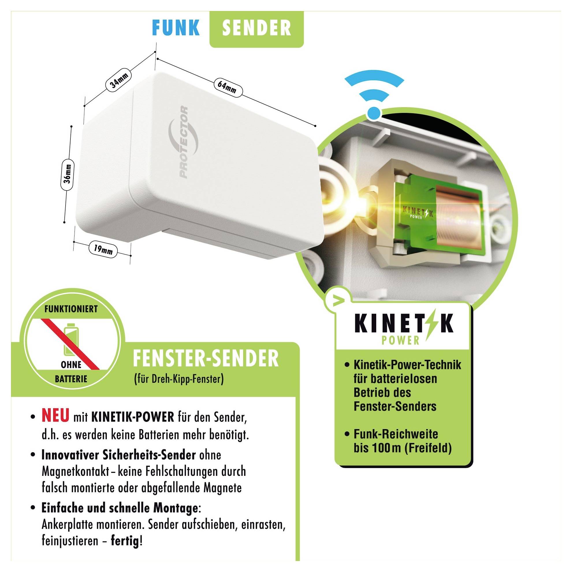 Drahtloser Fenstersensor mit Kinetik-Power-Technologie; funktioniert ohne Batterien, Reichweite 100m. Inklusive Installationsdetails.