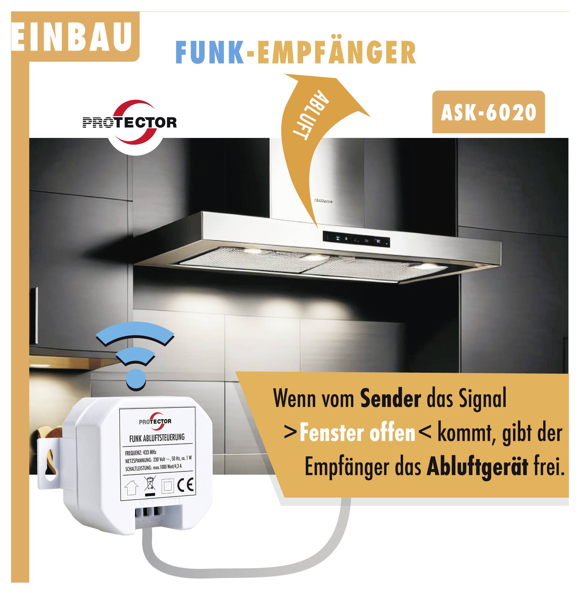 Die Abbildung zeigt einen Funk-Empfänger für eine Küchenabzugshaube, der den Luftabzug aktiviert, wenn ein Signal eine offene Fenster anzeigt.