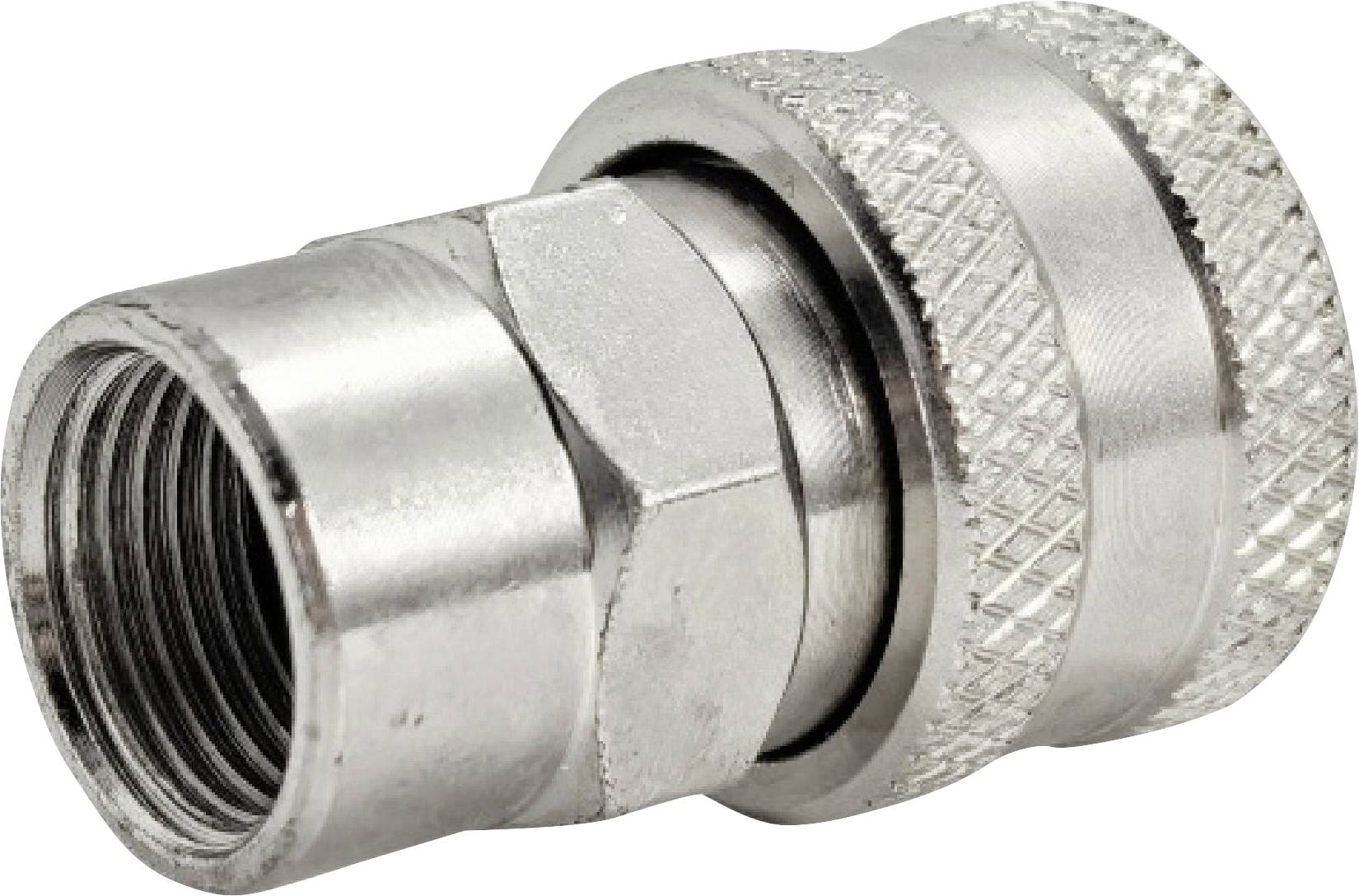 Ein metallischer Schnellkupplung mit Gewinde-Enden, die zum Verbinden von Schläuchen in Fluid- oder Luftsystemen verwendet wird, gezeigt vor weißem Hintergrund.