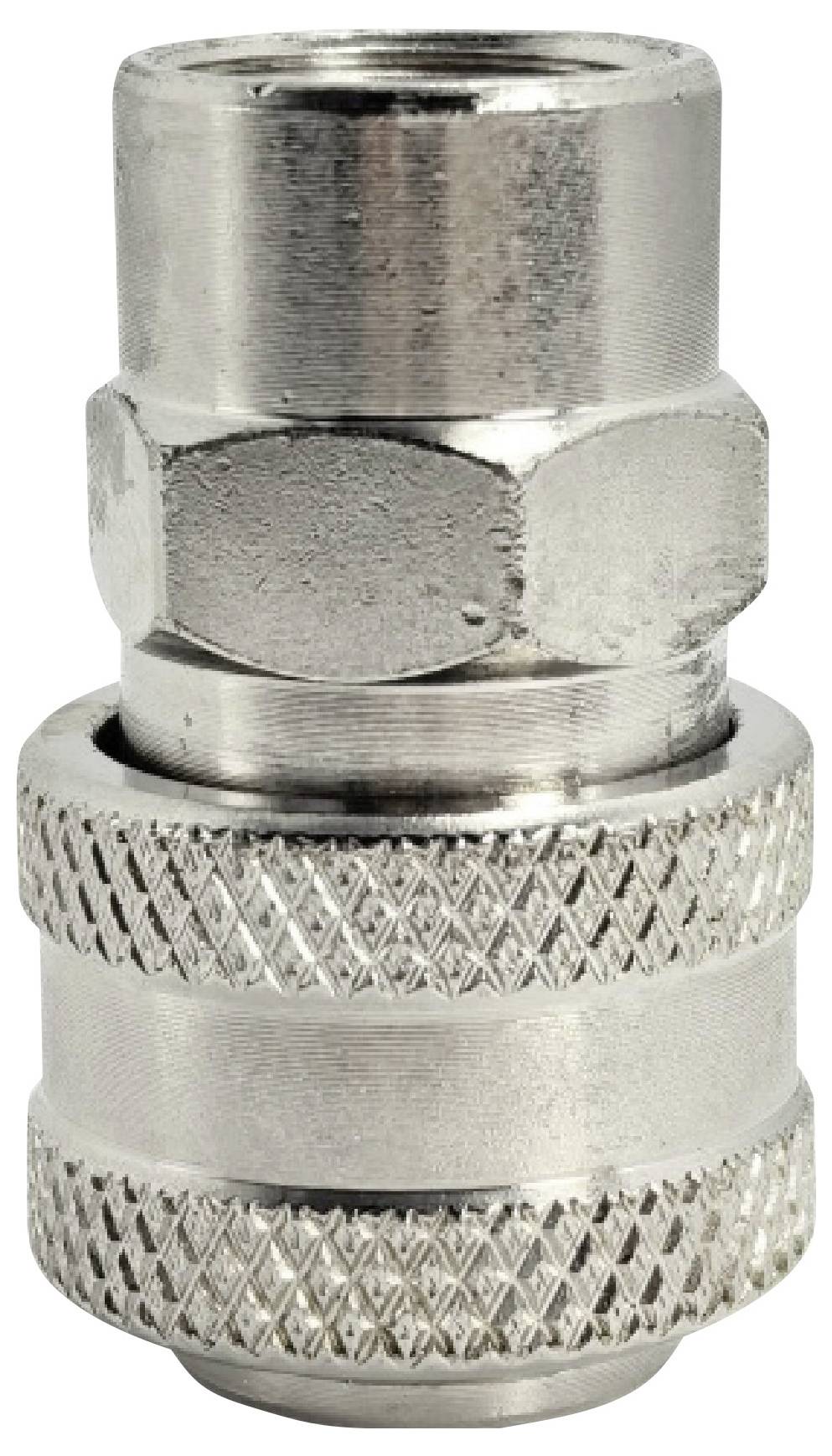 Metallisches Druckluft-Werkzeugverbindungsstück mit sechseckiger Basis und zylindrischem Verbindungsende, entwickelt zum Verbinden von Schläuchen oder Werkzeugen in pneumatischen Systemen.