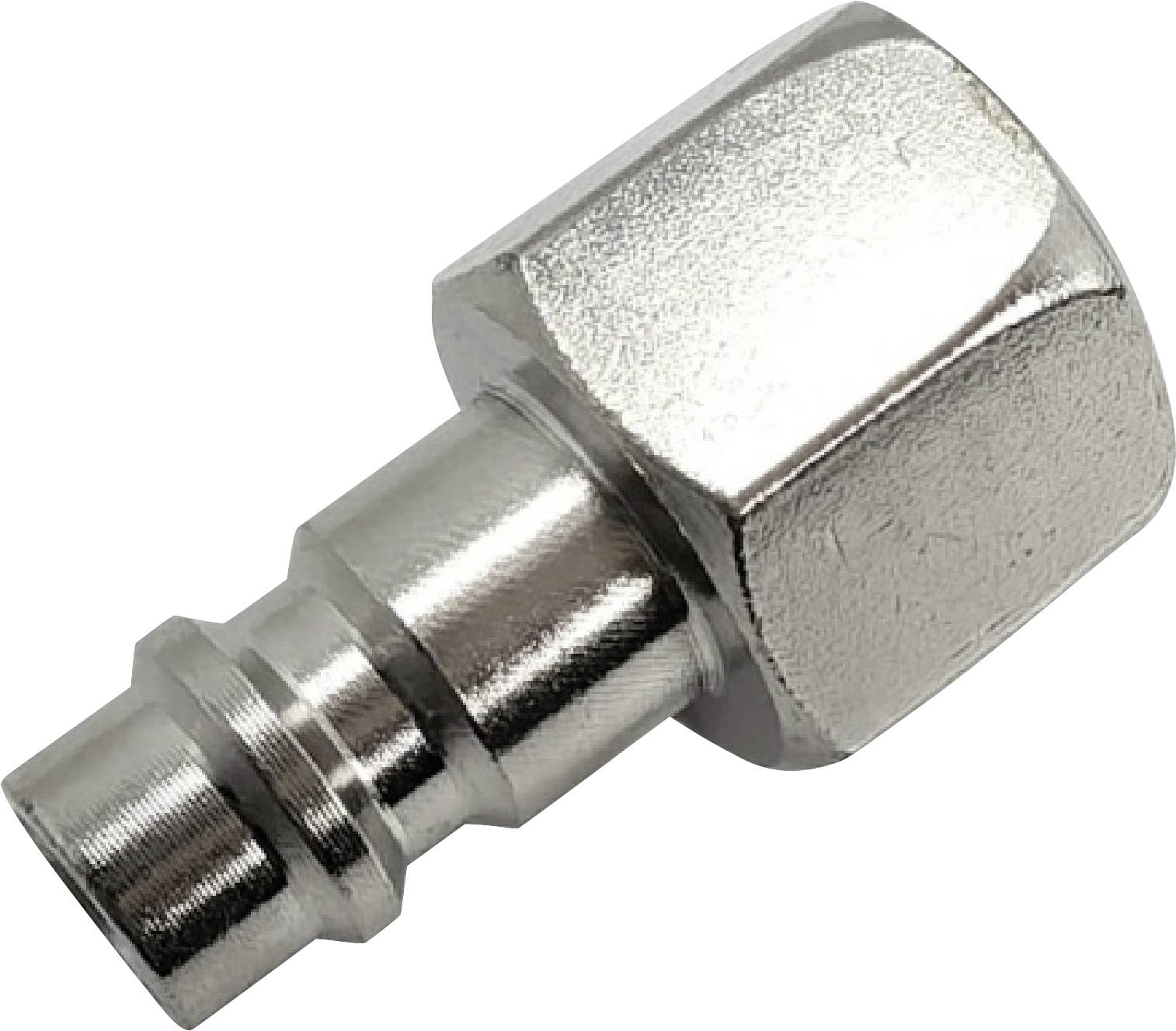 Eine Nahaufnahme einer Metallgewinderohrverbindung mit einer sechskantigen Mutter, die zum Verbinden von Rohren oder Schläuchen in Sanitär- oder Industriesystemen verwendet wird.