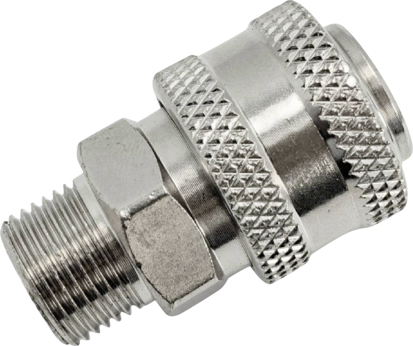 Eine Metallschnellverbindung, die zum Verbinden von Schläuchen oder Rohren verwendet wird und geriffelte Kanten zum Greifen sowie ein Gewinde an jedem Ende aufweist.