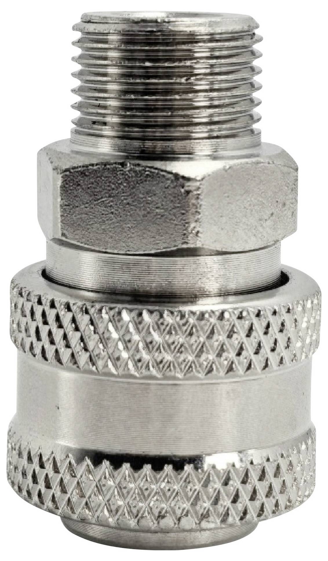 Ein Metallrohrleitungsverbinder mit Gewinde an den Enden und einer strukturierten Griffoberfläche, der zum sicheren Verbinden von Rohren in verschiedenen Systemen verwendet wird.