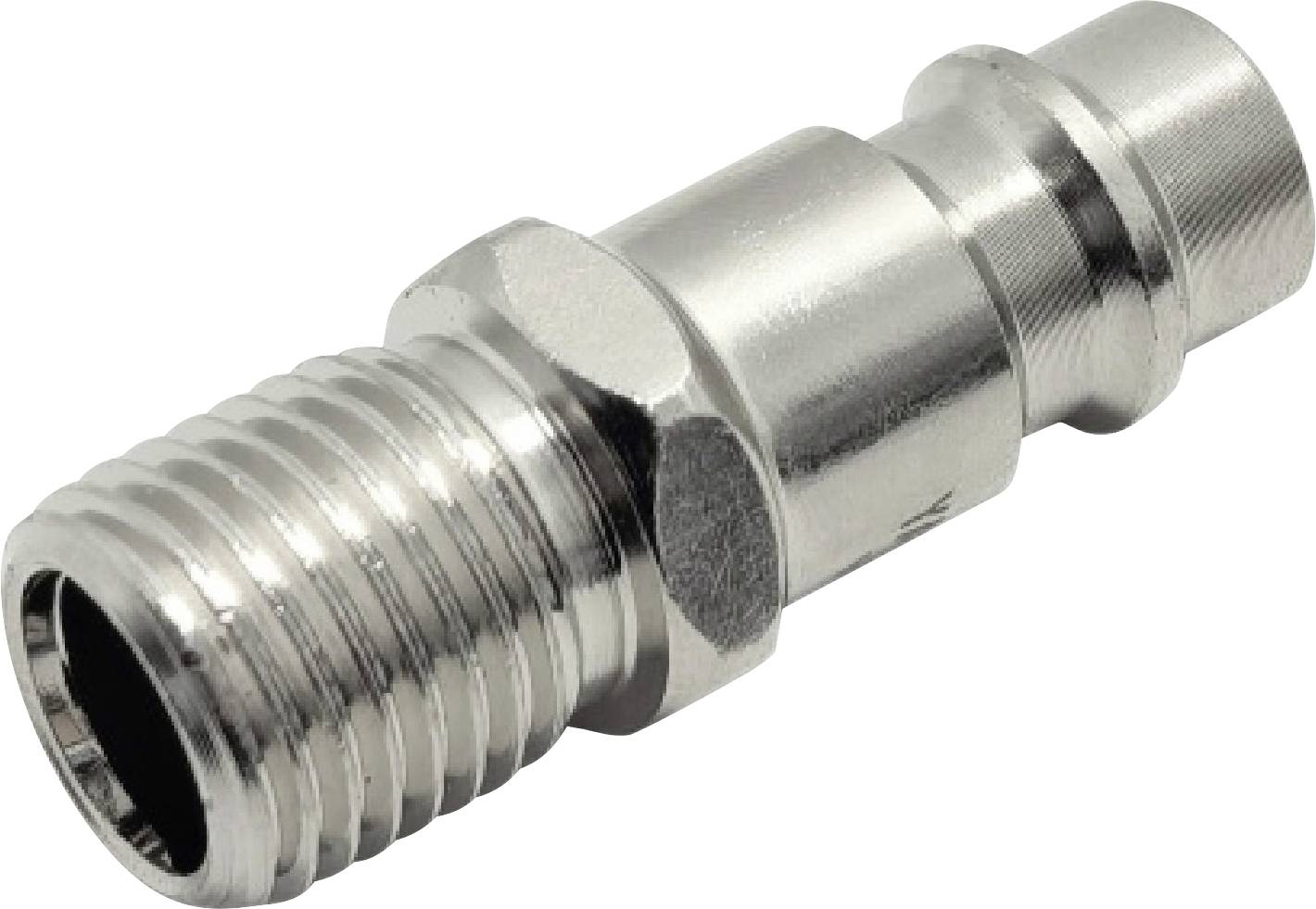 Ein Metallschlauchverbinder mit gerillter Gewindebohrung an einem Ende und einer glatten, konischen Oberfläche am anderen Ende, verwendet zum Befestigen von Schläuchen.
