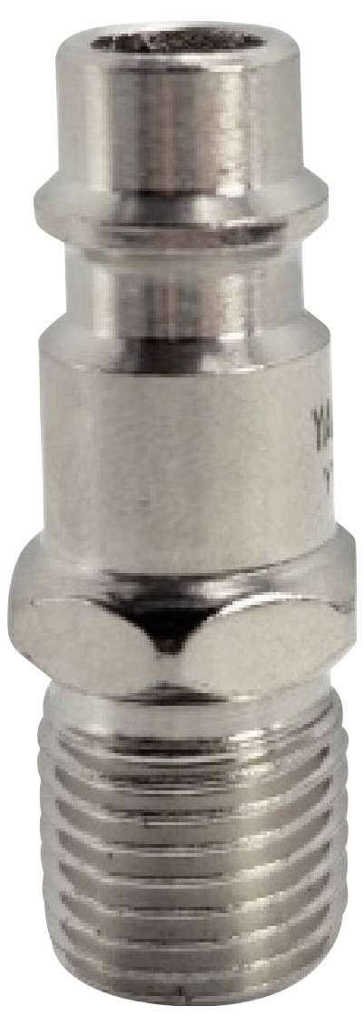 Eine metallische Verbindungsfitting mit einem Gewindeende und einem glatten zylindrischen Bereich, wahrscheinlich für pneumatische oder hydraulische Anwendungen verwendet.