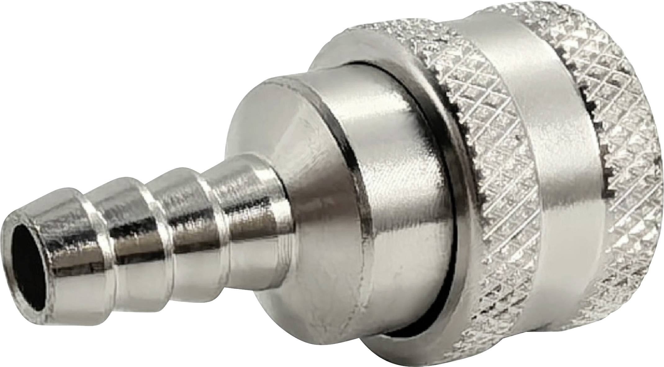 Ein Metallschlauchverbinder mit einem gerippten Schlauchstutzen und einem gerillten Griff, entwickelt zum Befestigen von Schläuchen in Sanitär- oder Luftsystemen.