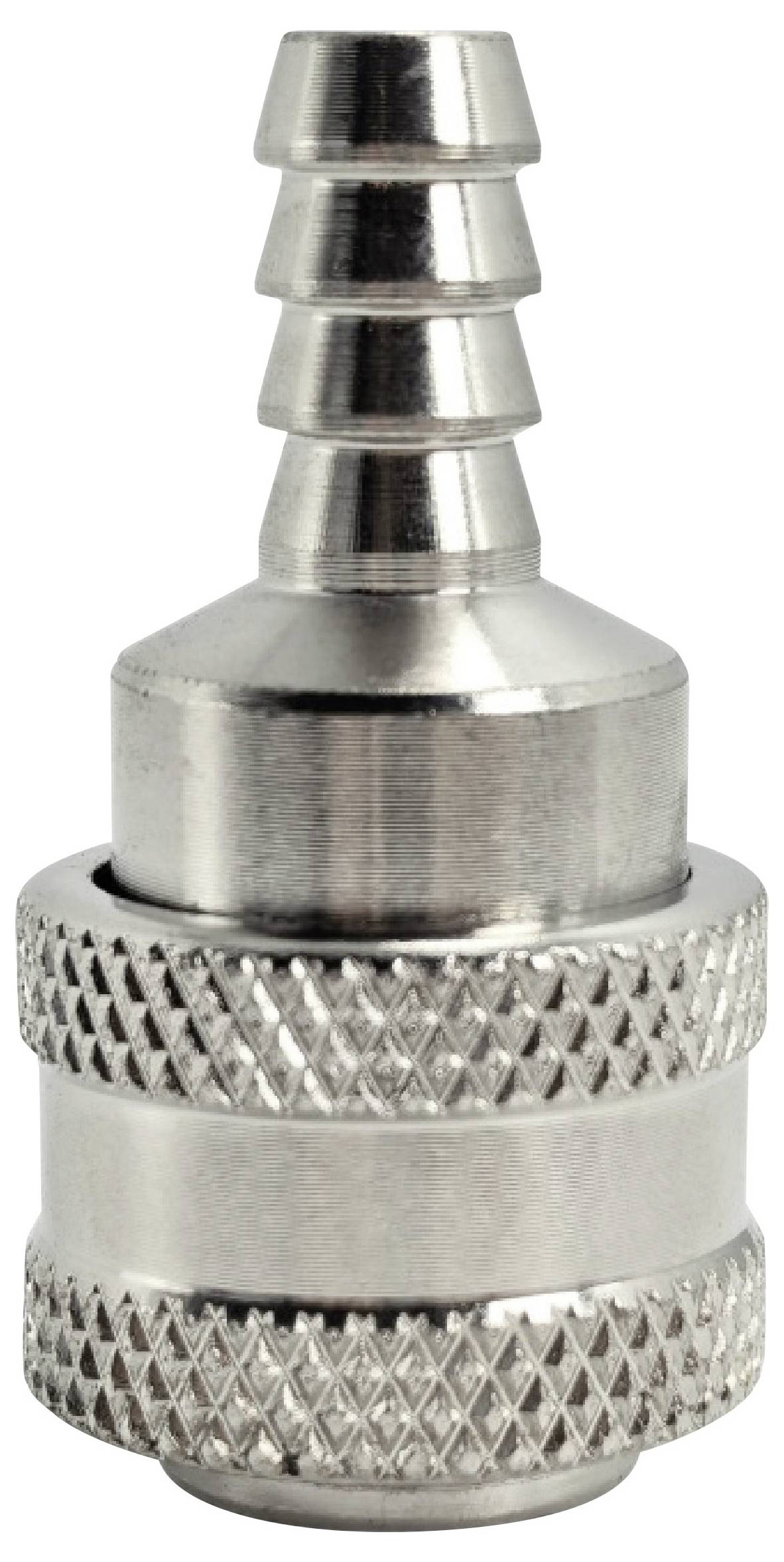 Ein Metallschnellverbindungsstecker, zylindrisch geformt, mit gerillten Griffabschnitten, verwendet zum sicheren Anschließen von Schläuchen oder Rohren.