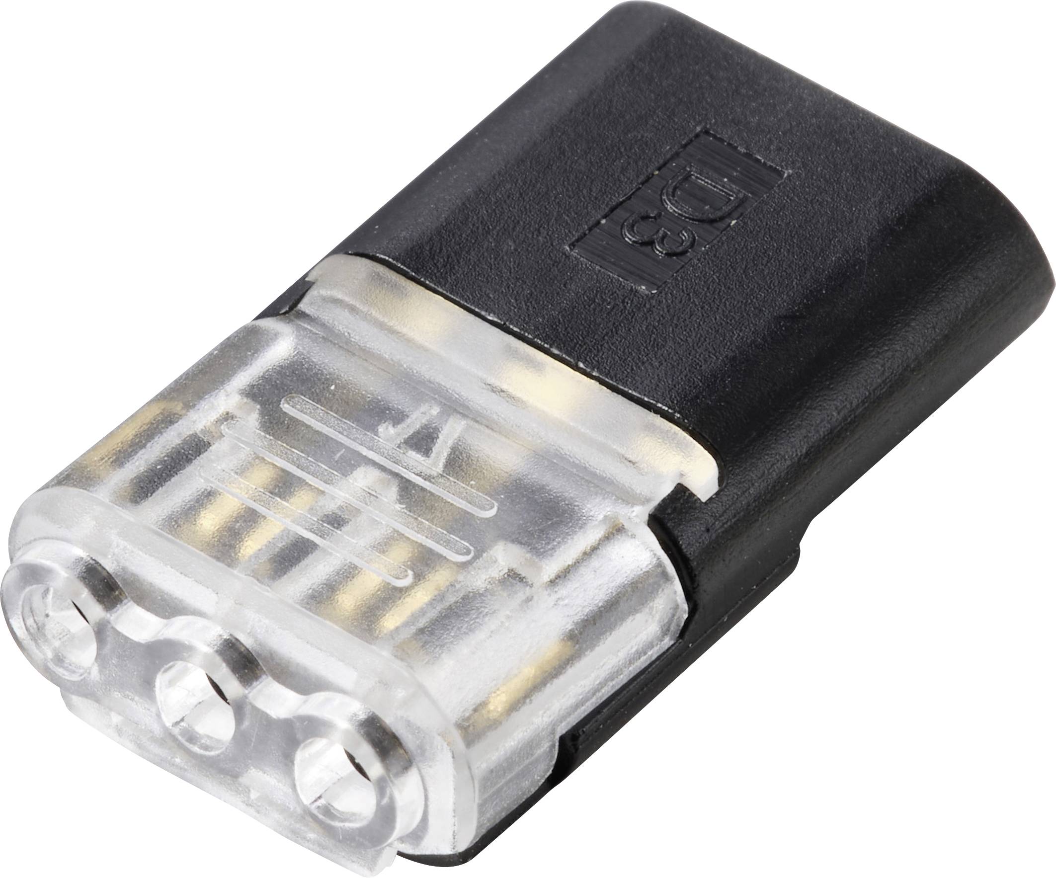 Ein Nahaufnahmebild eines schwarzen und durchsichtigen Stromstecker-Adapters mit sichtbaren Metallkontakten an einem Ende.