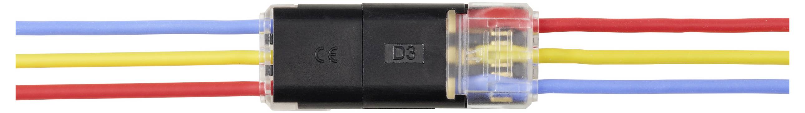 Ein schwarzer Elektrostecker mit roten, blauen und gelben Drähten, die angebracht sind und die Verdrahtungskonfiguration anzeigen.