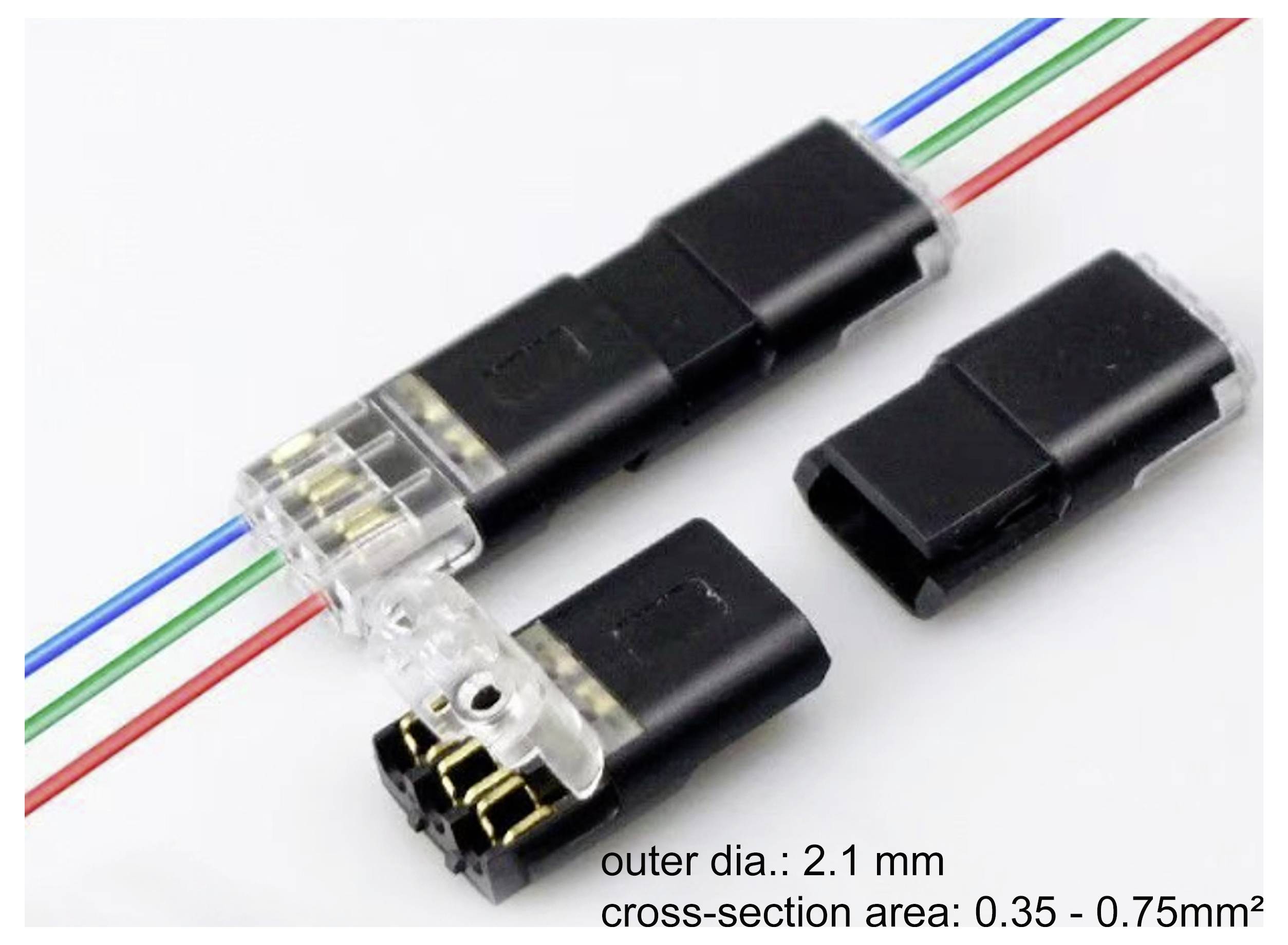 Drei schwarze Elektrostecker mit farbigen Drähten (blau, grün, rot) werden gezeigt. Der Text lautet: „Außendurchmesser: 2,1 mm, Querschnittsfläche: 0,35 - 0,75 mm²