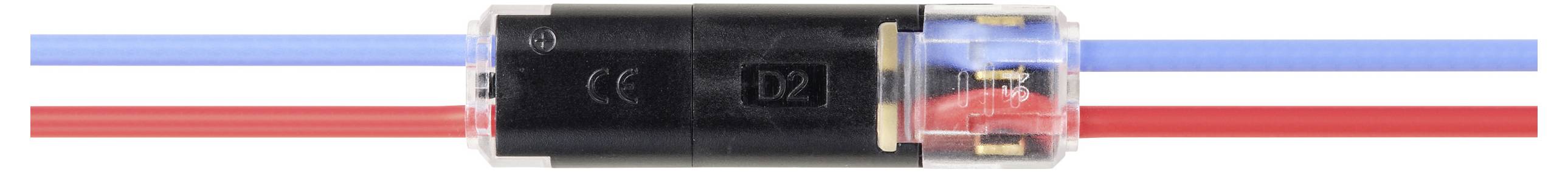Ein schwarzer zylindrischer Stecker verbindet blaue und rote Kabel und zeigt ihre Verlaufswege und Verbindungspunkte auf.