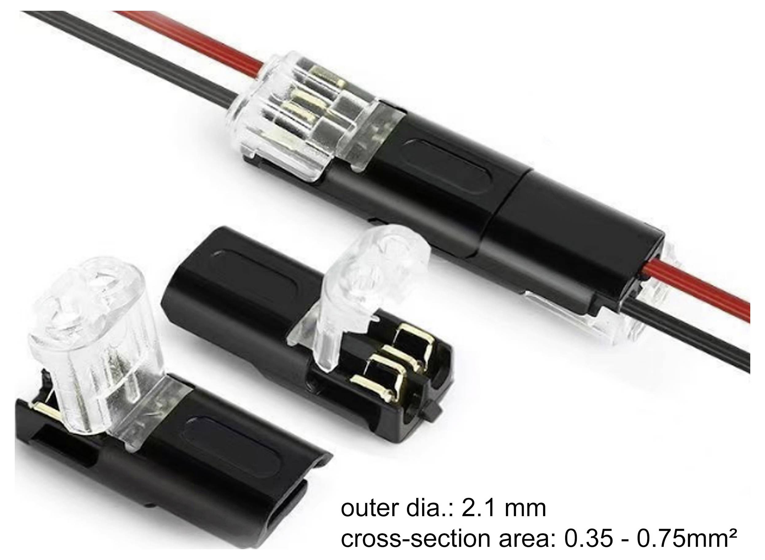 Elektrische Steckverbinder mit schwarzem und transparentem Gehäuse, montiert und demontiert dargestellt. Außendurchmesser: 2,1 mm, Querschnittsfläche: 0,35 - 0,75 mm².
