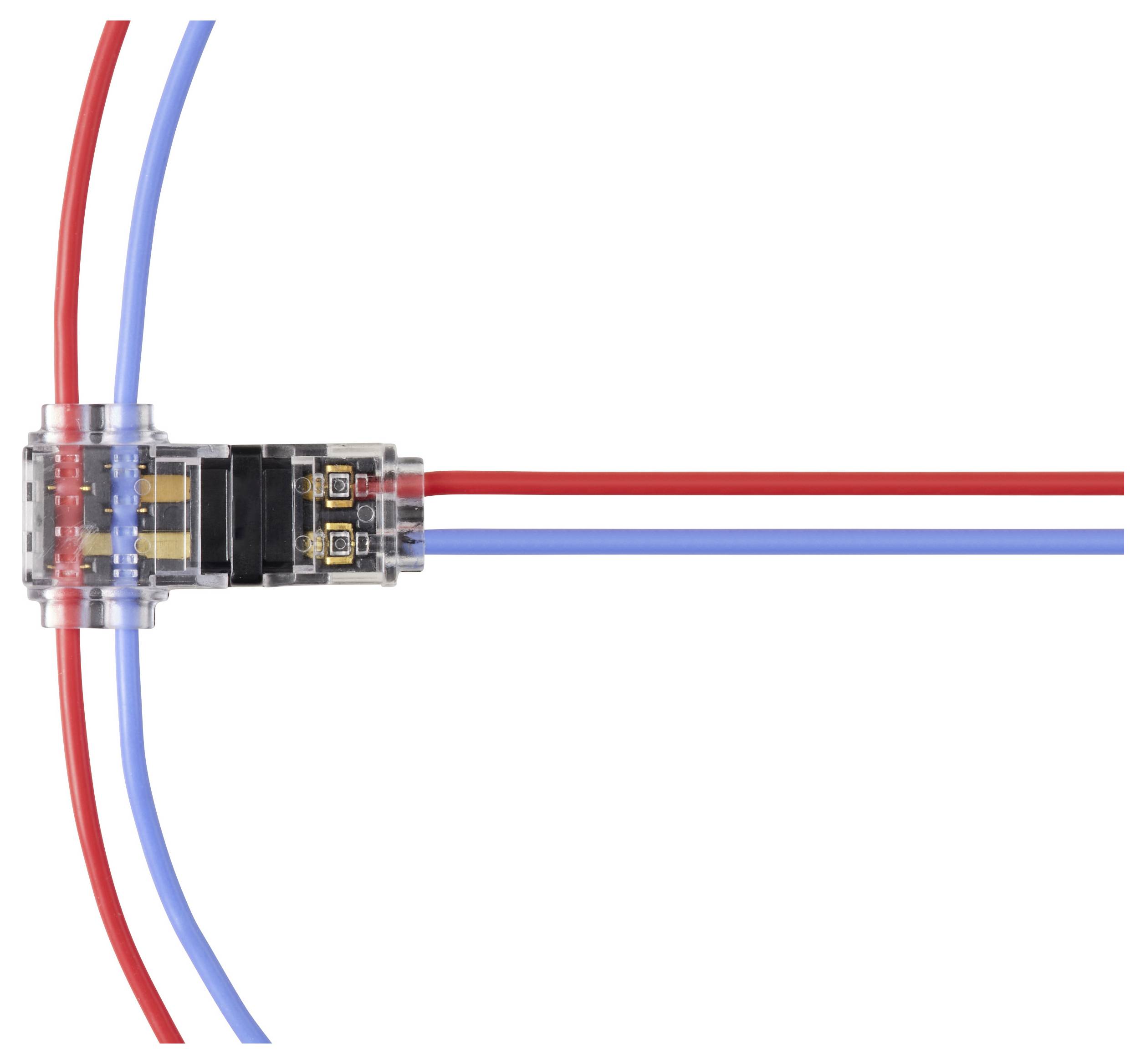 Ein transparenter elektrischer Stecker, der zwei rote Drähte und einen blauen Draht verbindet und die Verbindungsfunktionalität veranschaulicht.
