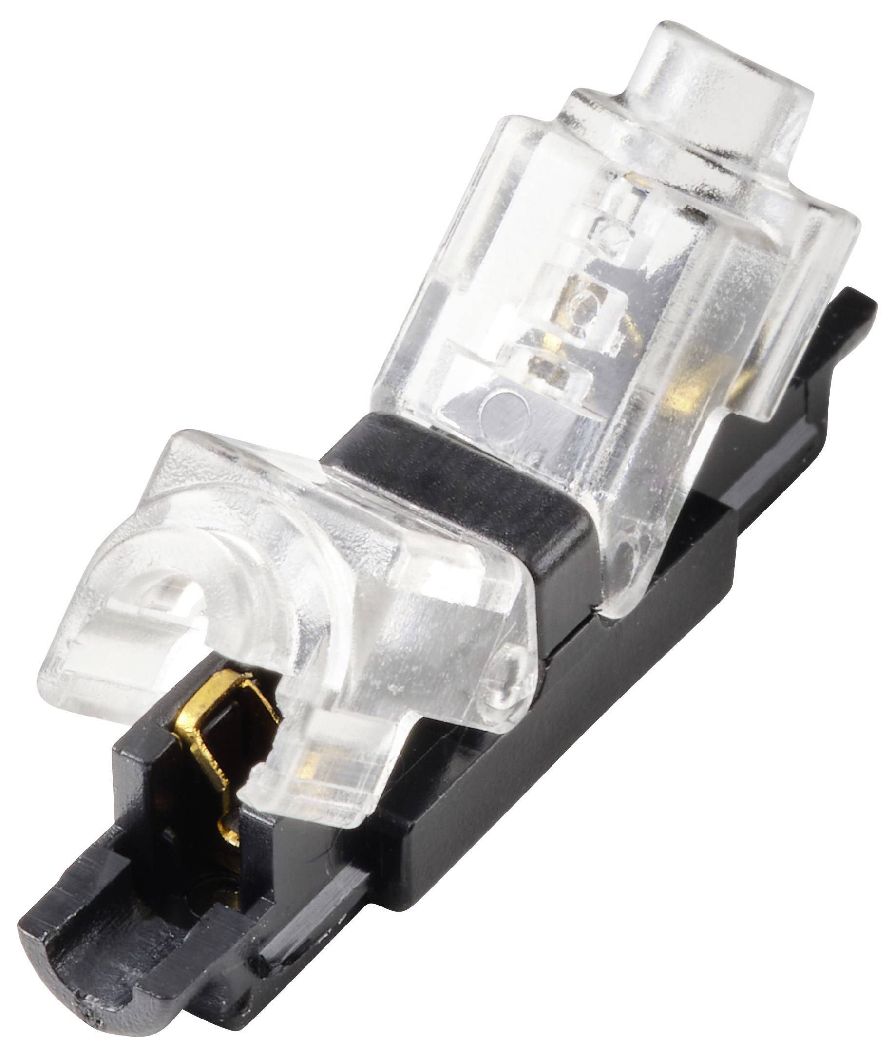 Ein klarer und schwarzer Elektrostecker mit kunststoffgehäuse, das zum Sichern und Verbinden von Drahtenden entwickelt wurde.