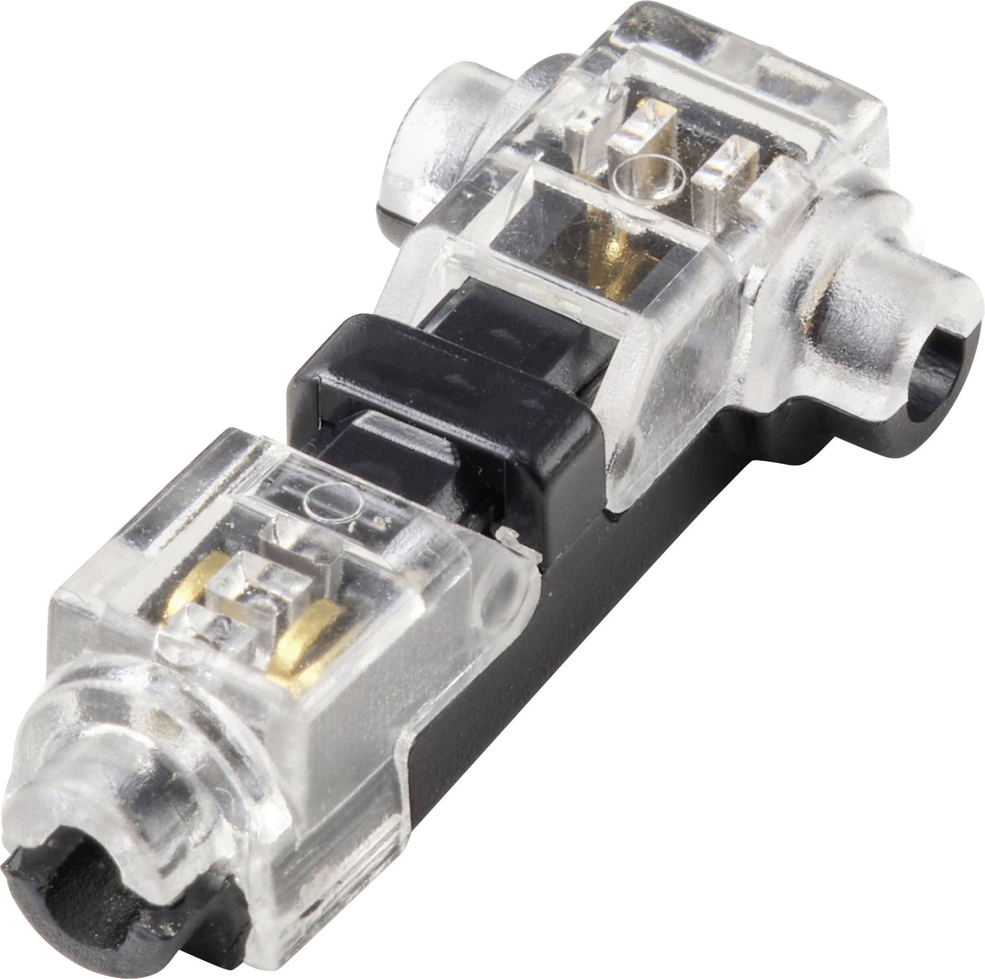 Ein transparenter Kunststoffstecker für LED-Streifen mit Metallkontakten innen und einem schwarzen Verriegelungsmechanismus in der Mitte.