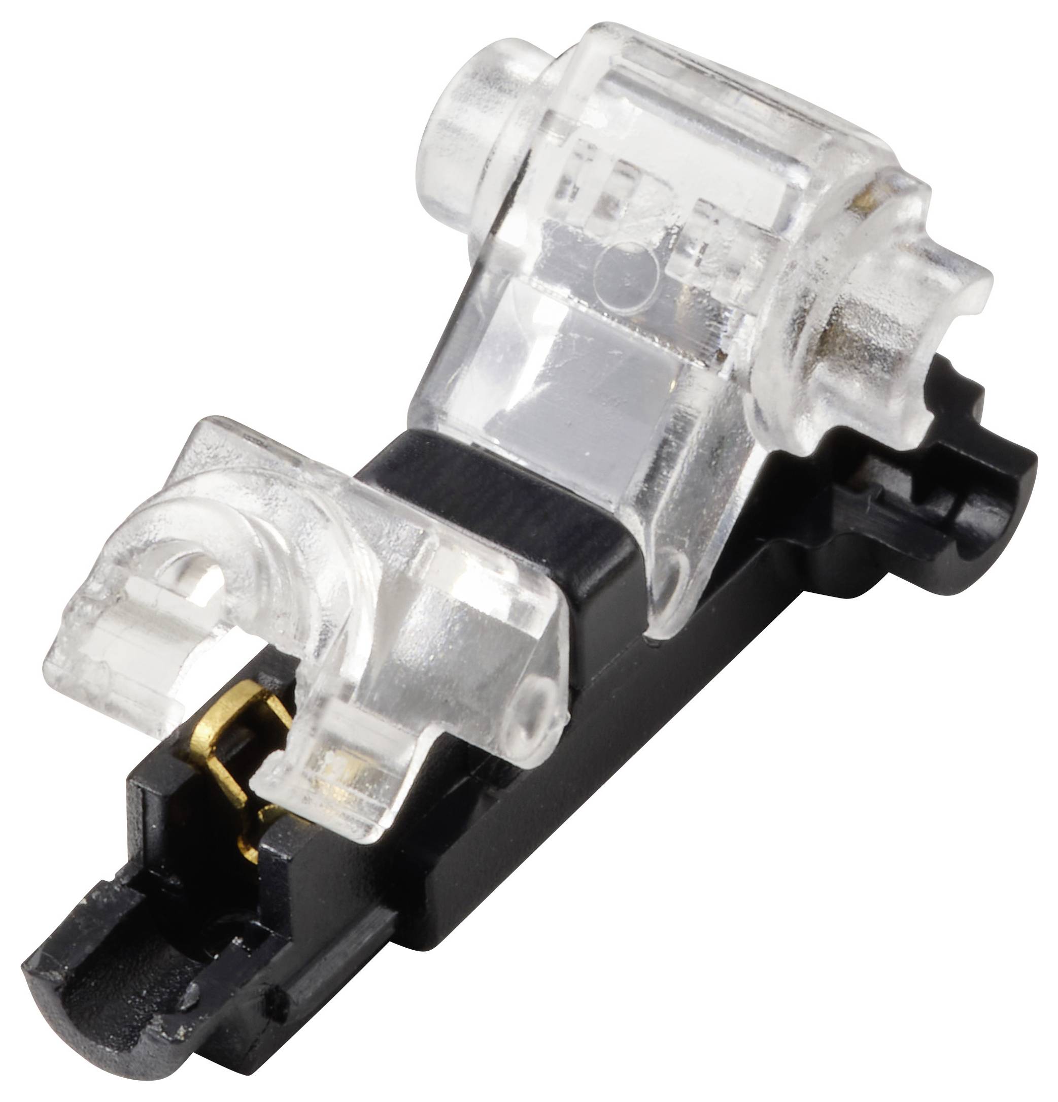Ein transparenter Kunststoffstecker auf schwarzer Basis, der zum sicheren Verbinden von Drähten in elektronischen Geräten oder Schaltkreisen verwendet wird.