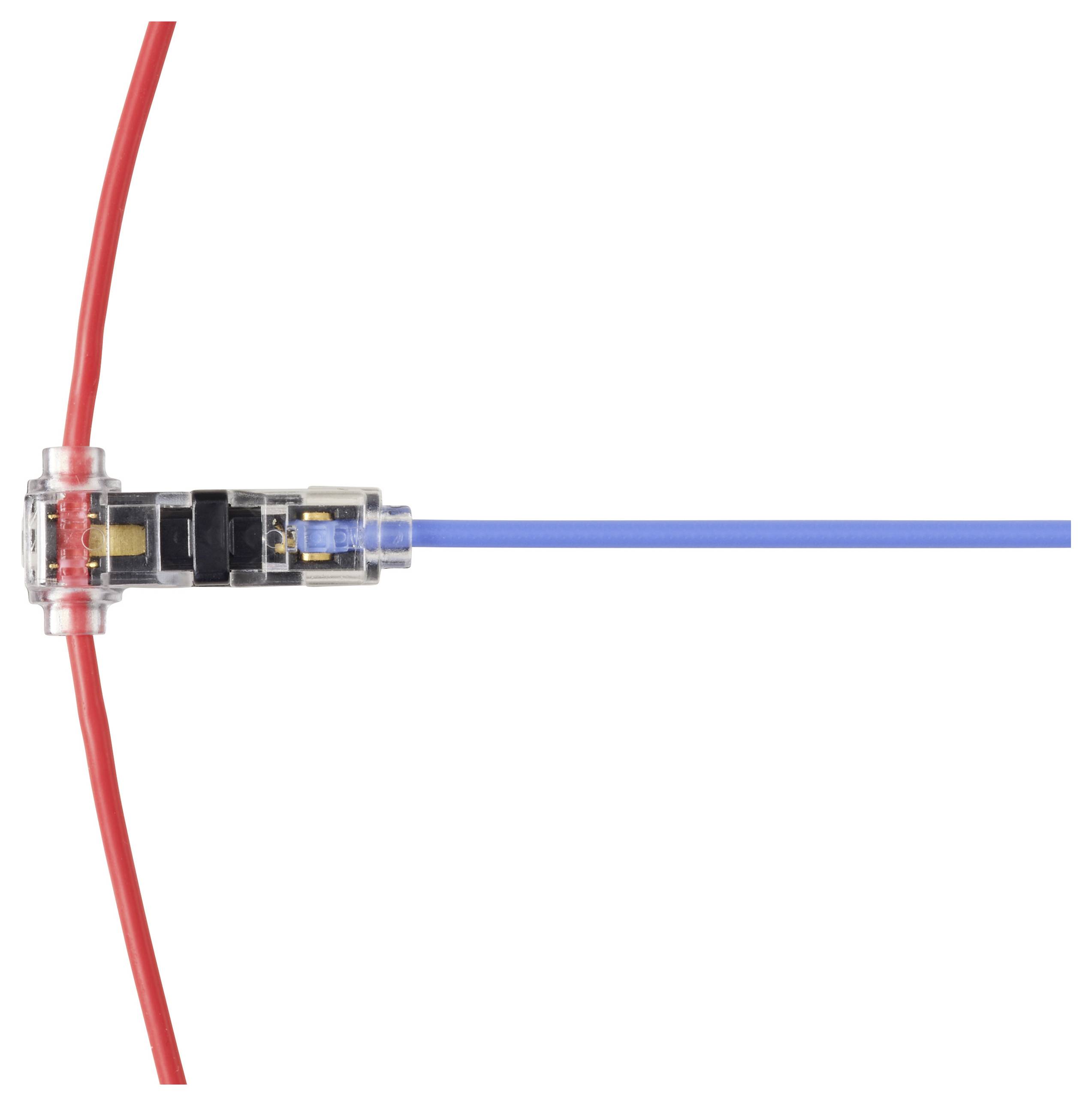 Rote und blaue Kabel, die durch einen transparenten Stecker vor weißem Hintergrund verbunden sind.