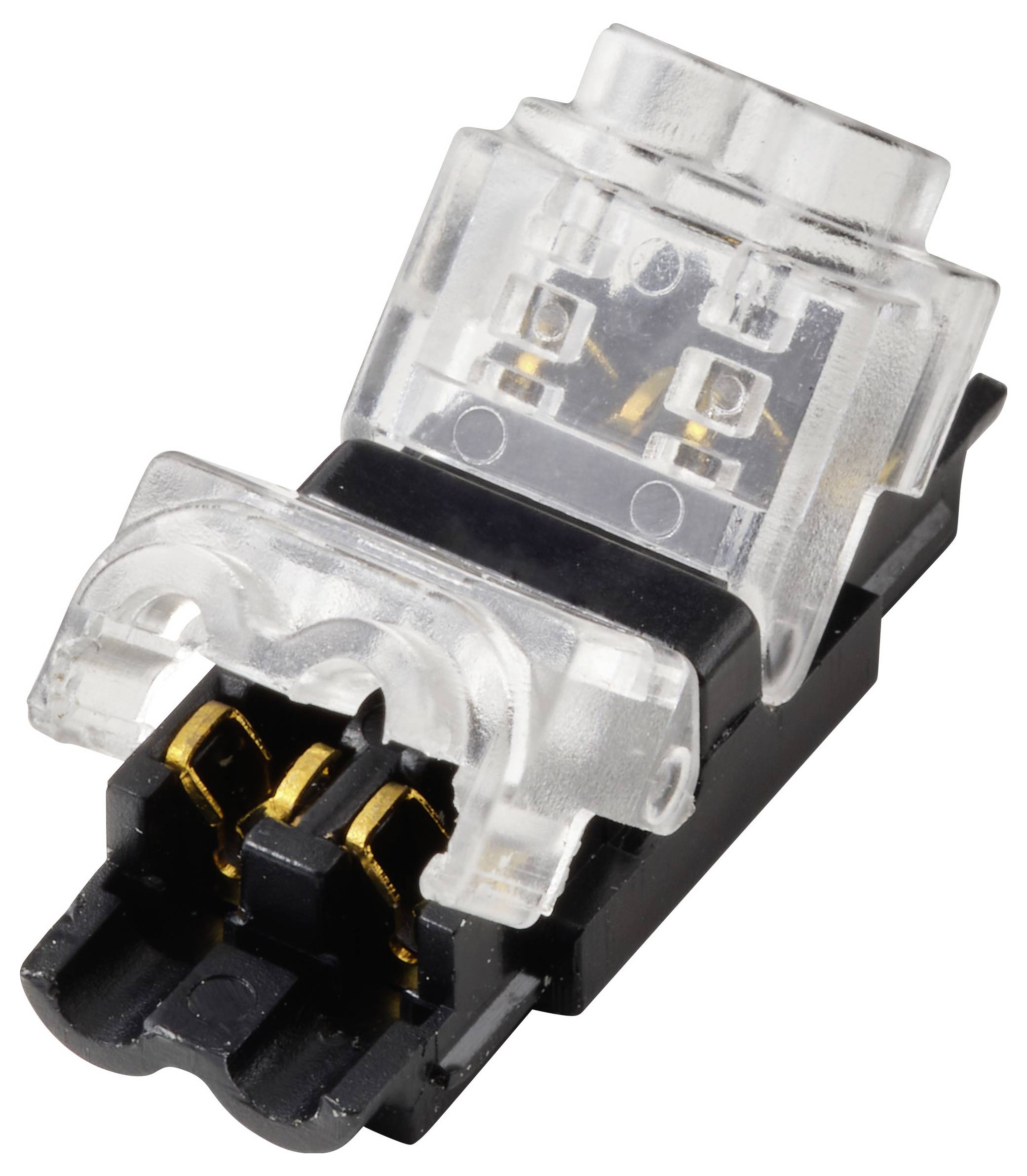Ein kleiner transparenter und schwarzer elektrischer Stecker mit vergoldeten Kontakten, der zum Verbinden von Leitungen oder Schaltkreisen verwendet wird.