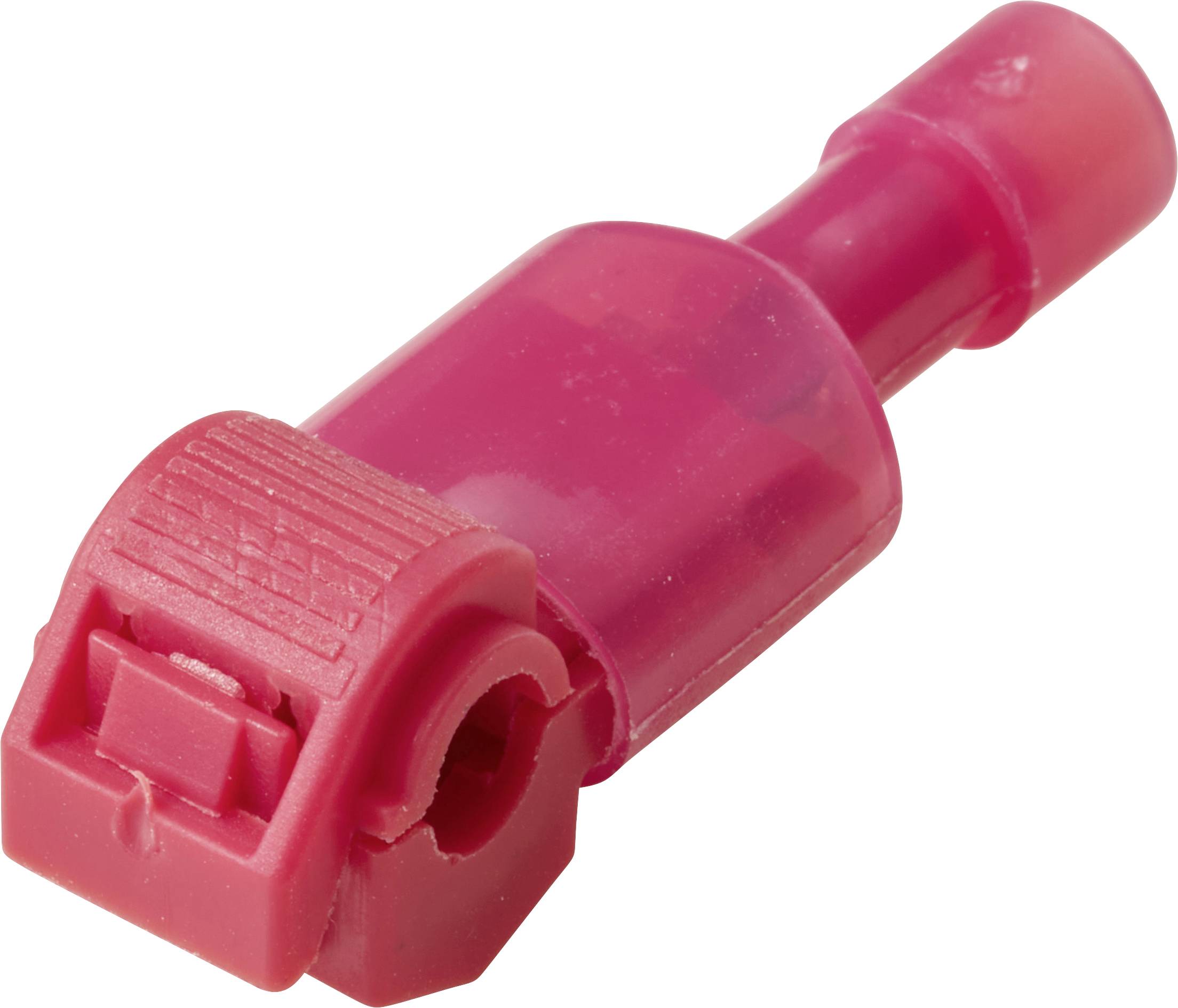 Ein roter isolierter Schnelltrennstecker mit Kunststoffgehäuse und Metallanschluss zur Drahtverbindung.